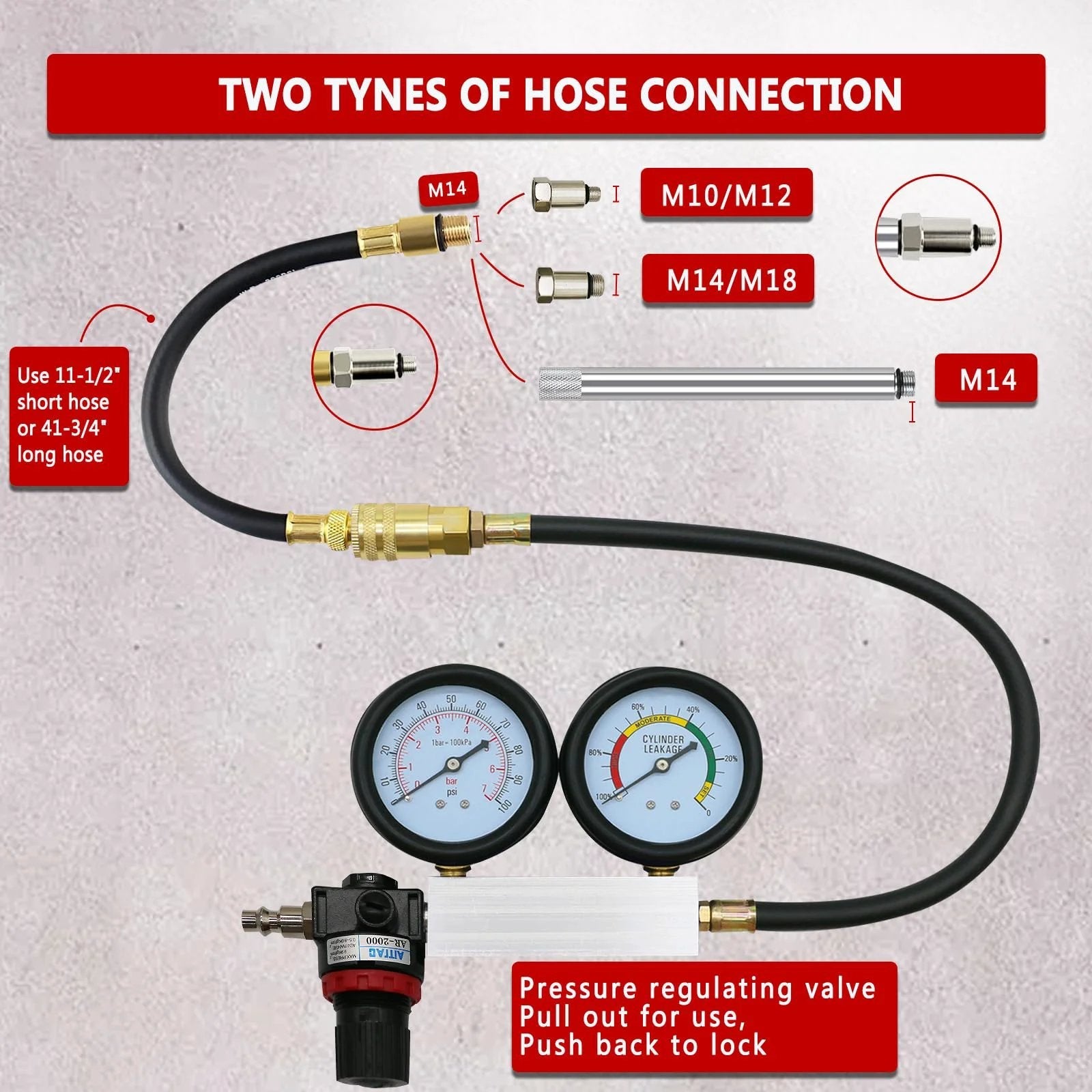 Cylinder Leak Down Tester Kit for Automotive Engine Compression Test and Leakage Diagnosis Light Red TU 21 Gauge Tool Set connection hose and gauges.