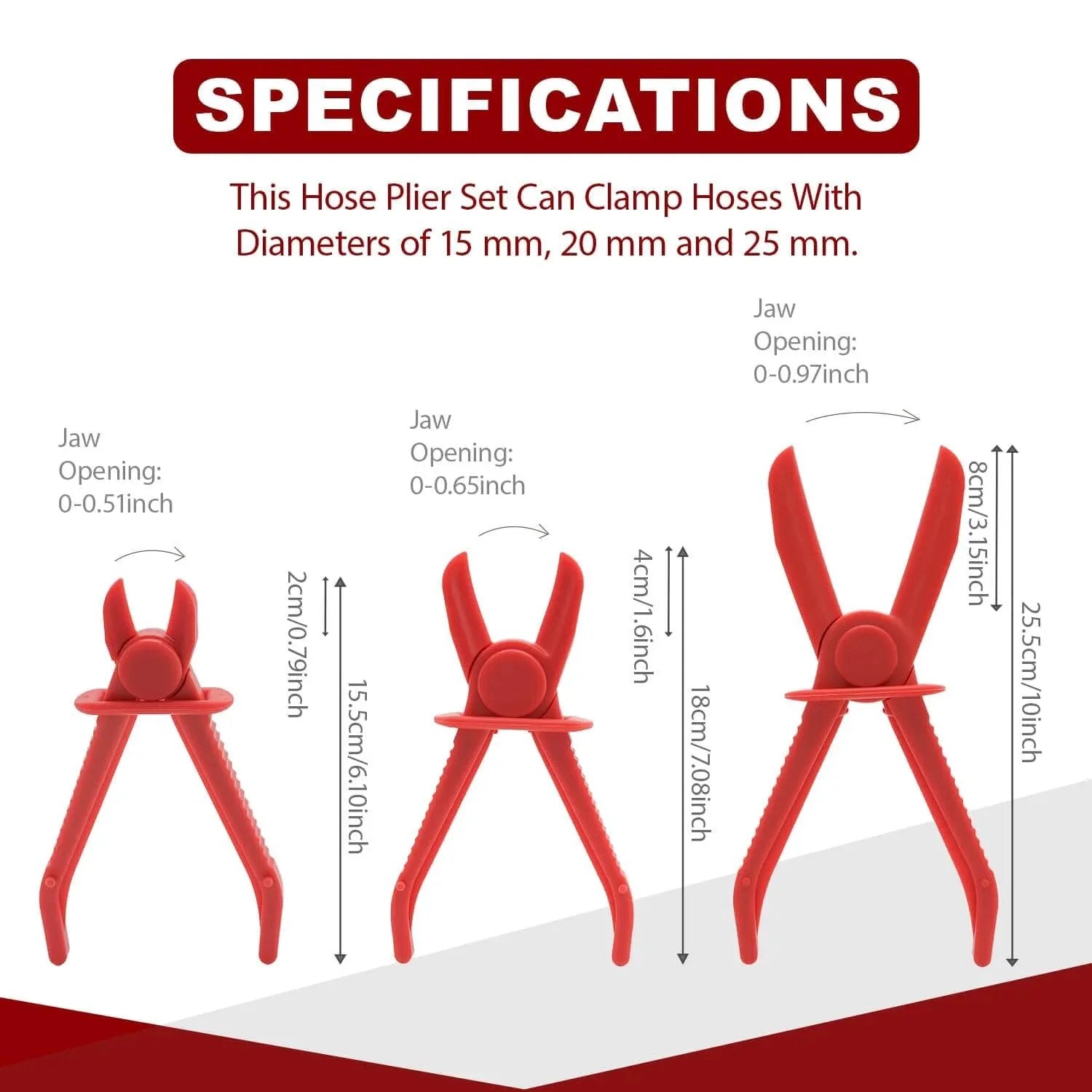 Three Size Hose Pinch Off Pliers Set Straight Clamp Pliers For Fuel Line Automotive Brake Radiator And Coolant Hoses Heat Resistant Nylon Construction shown in three sizes with jaw openings