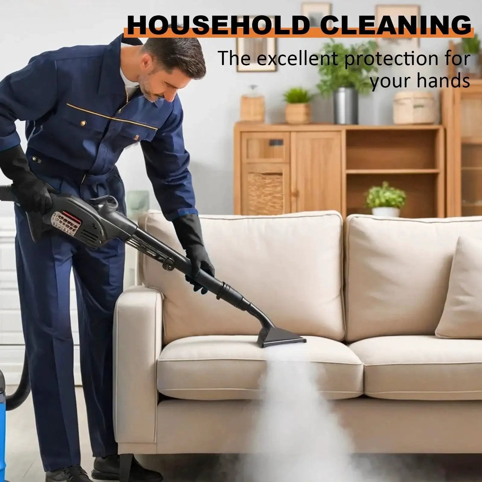 Person using large chemical resistant latex gloves 10 pairs heavy duty dishwashing gloves while cleaning a couch with steam cleaner
