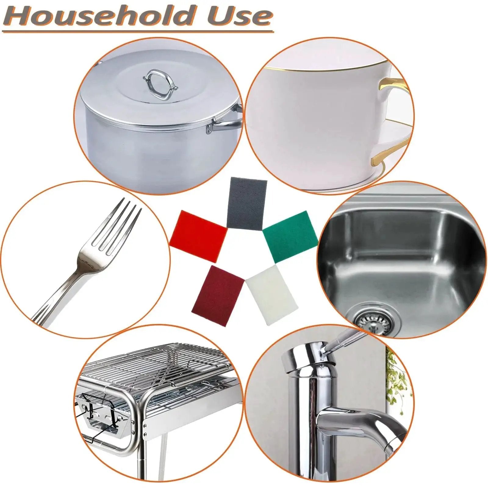 Assorted 6 X 9 Inch Hand Pads Coarse To Superfine For Grills And Garden Tools, suitable for cleaning cookware and kitchen tools.