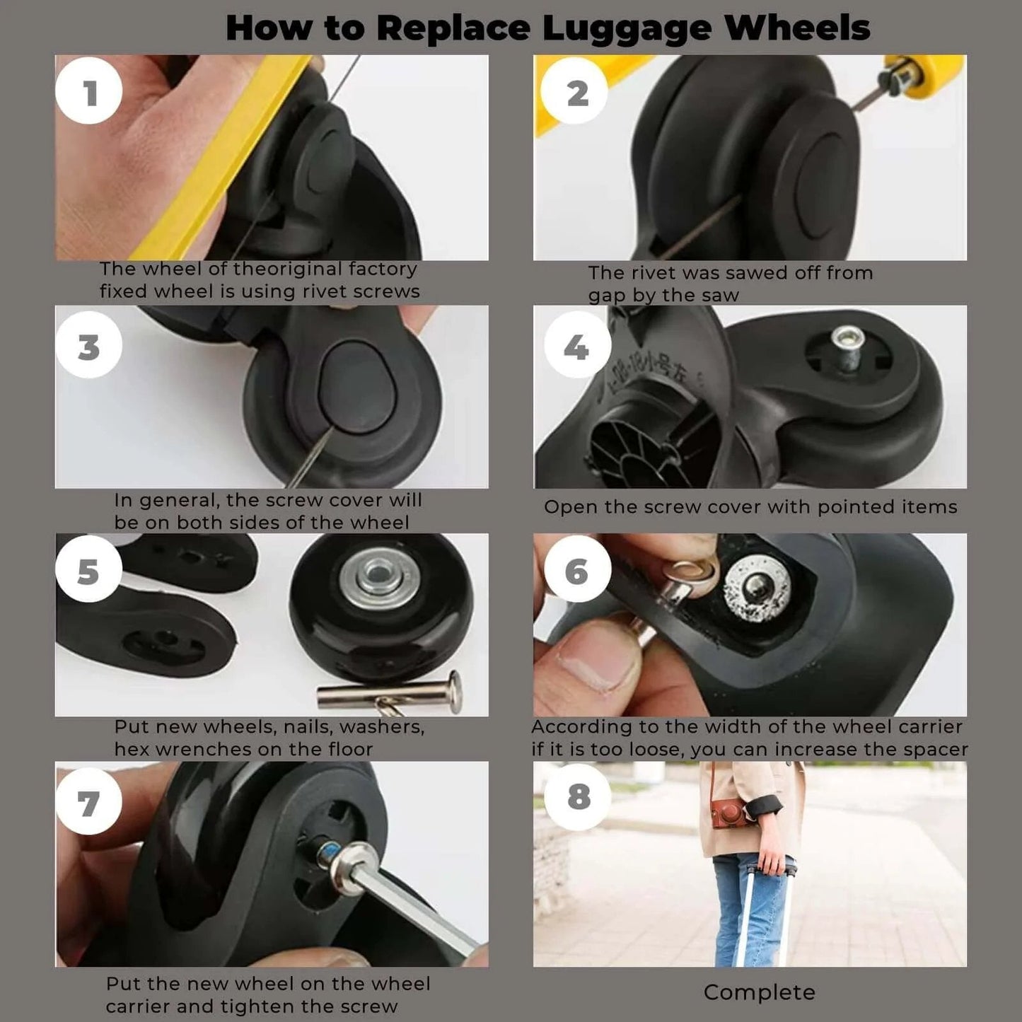 Step-by-step guide on how to replace luggage wheels using Set of 8 Luggage Suitcase Replacement Wheels, 50 x 18mm PU Caster Wheels Bearings Repair Kits.