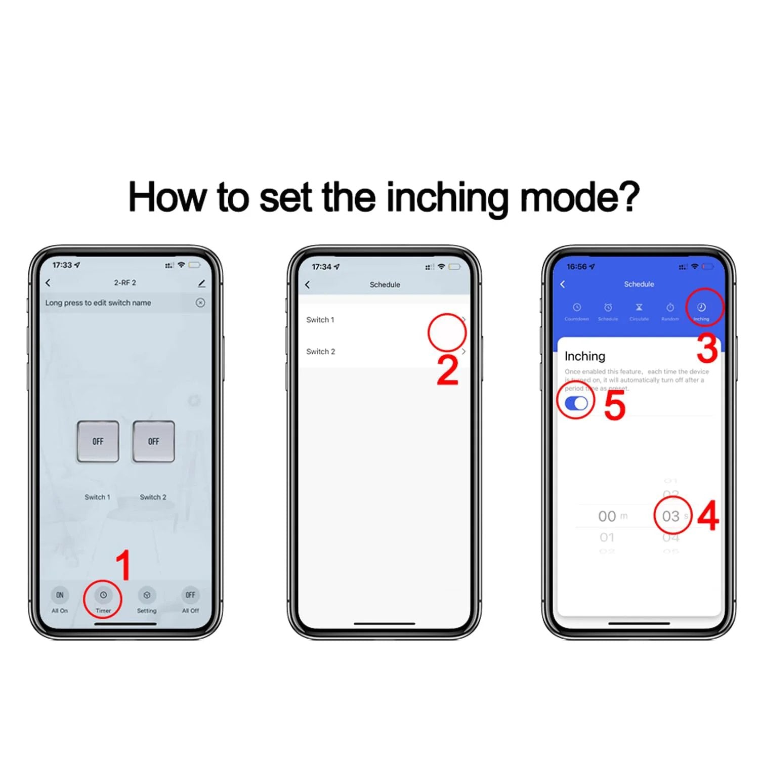 Screenshots of smartphone displays showing how to set the inching mode for the 2 Channel WiFi Bluetooth Smart Relay Switch.