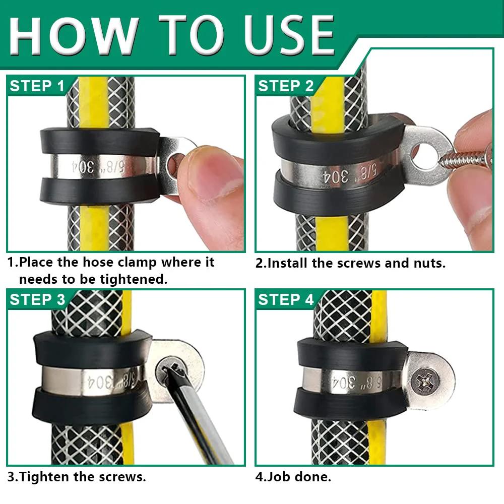 How to use 110 Piece Cable Clamps Kit With Ten Sizes Stainless Steel Rubber Coated Cushioned Insulated Clamps for secure fittings.