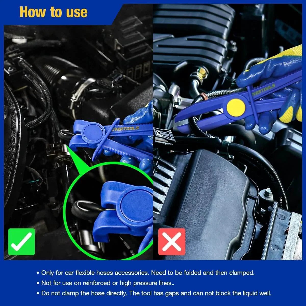 Split image showing correct and incorrect use of 6 Piece Hose Clamp Pliers Set With Straight And 90 Degree Angled Jaws for auto hoses.