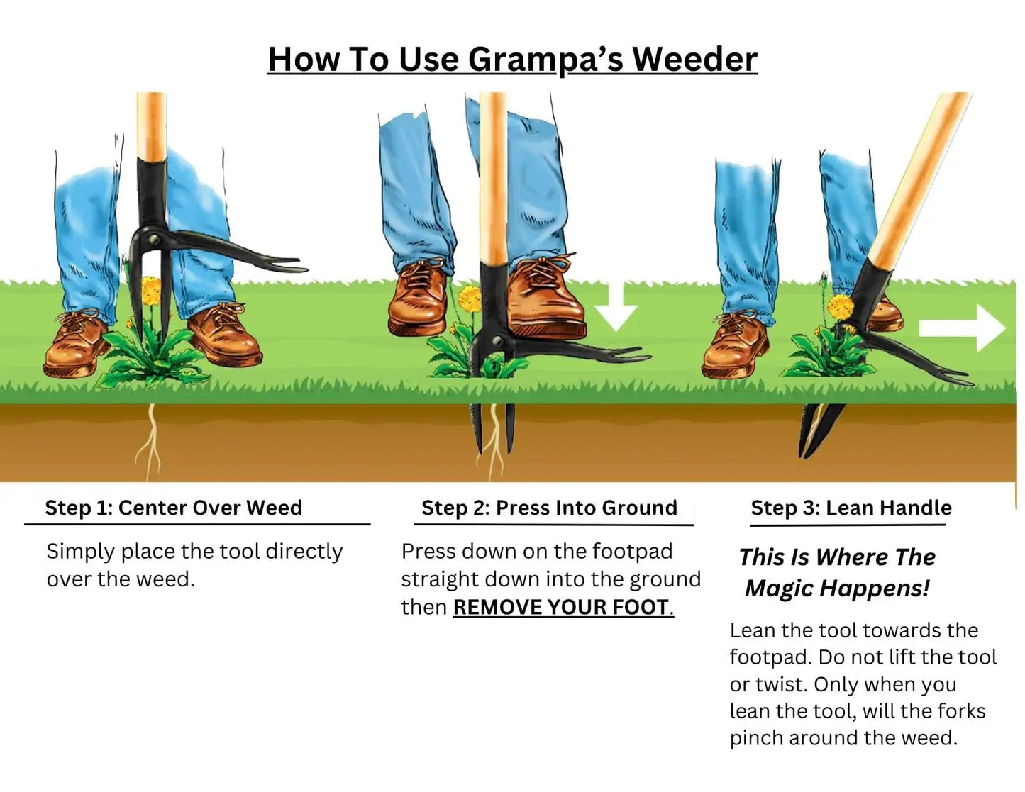 Illustration showing steps to use Stand Up Weed Puller With Long 45 Inch Handle And Four Claw Steel Head Made From Real Bamboo Back And Knee Friendly Weeding Tool Easily Remove Weeds Without Bending Kneeling Or Pulling Classic 1913 Design.