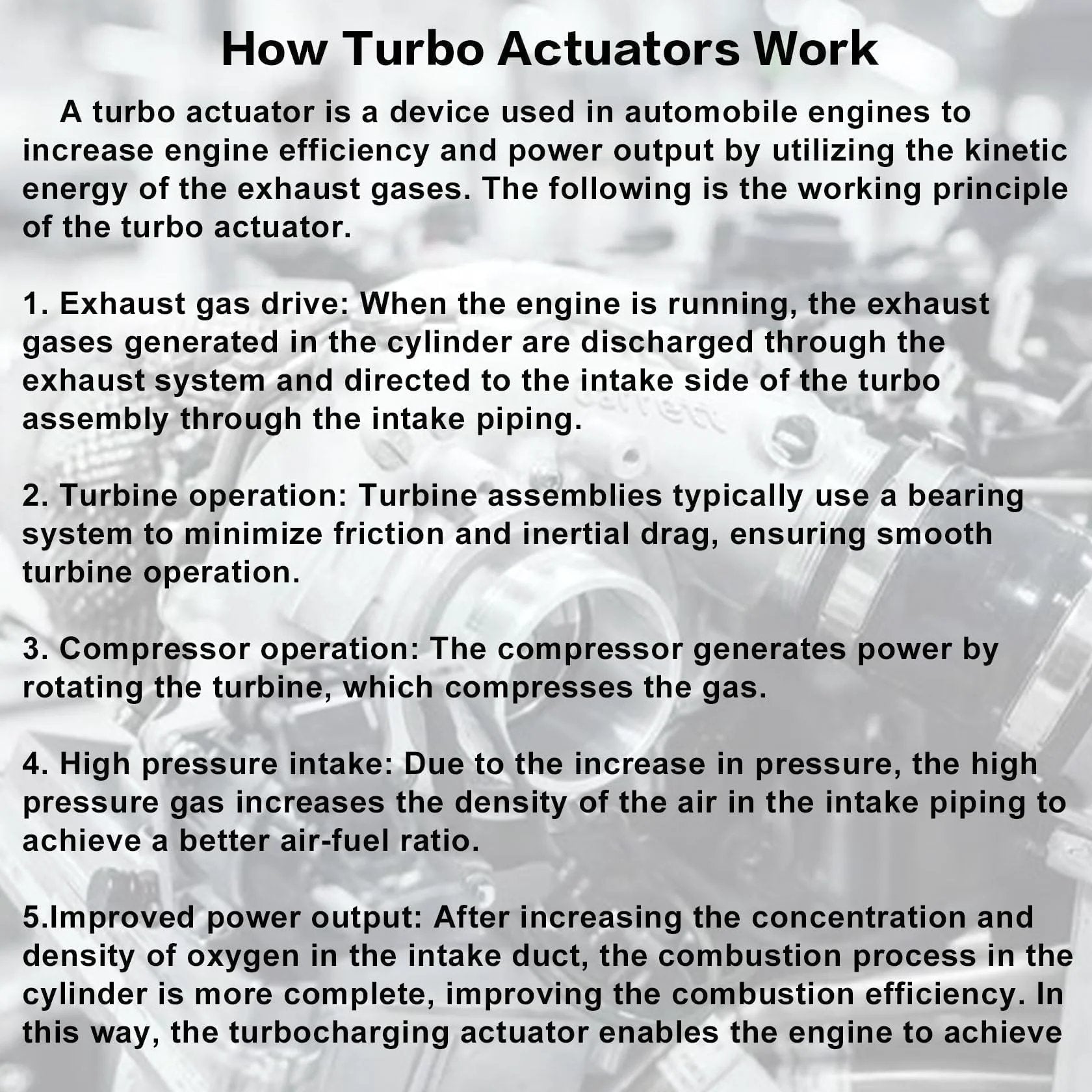 How Turbo Actuators Work, diagram explaining exhaust gas drive, turbine operation, compressor operation, high pressure intake, improved power output.