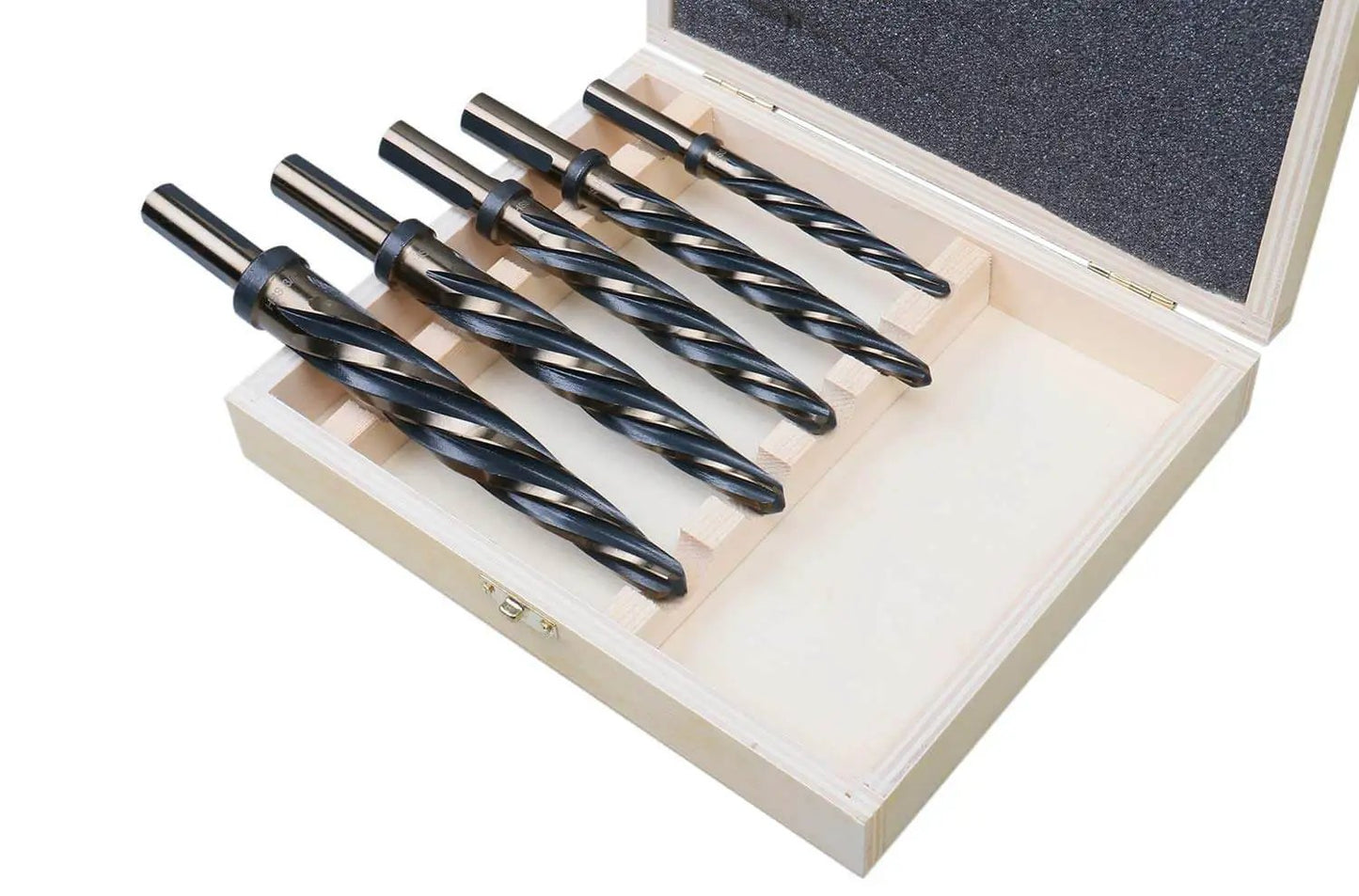 Pro Grade HSS Car Reamer Set With Spiral Flute, 5 Piece, Gold Oxide Finish in open box, straight shank, stop collar reamers.