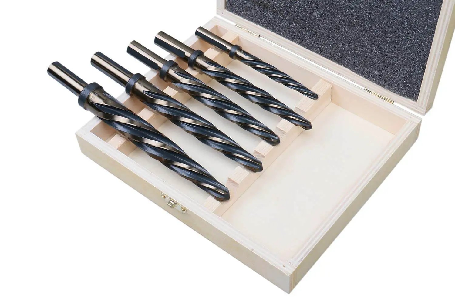 Pro Grade HSS Car Reamer Set With Spiral Flute, 5 Piece, Gold Oxide Finish in open box, straight shank, stop collar reamers.
