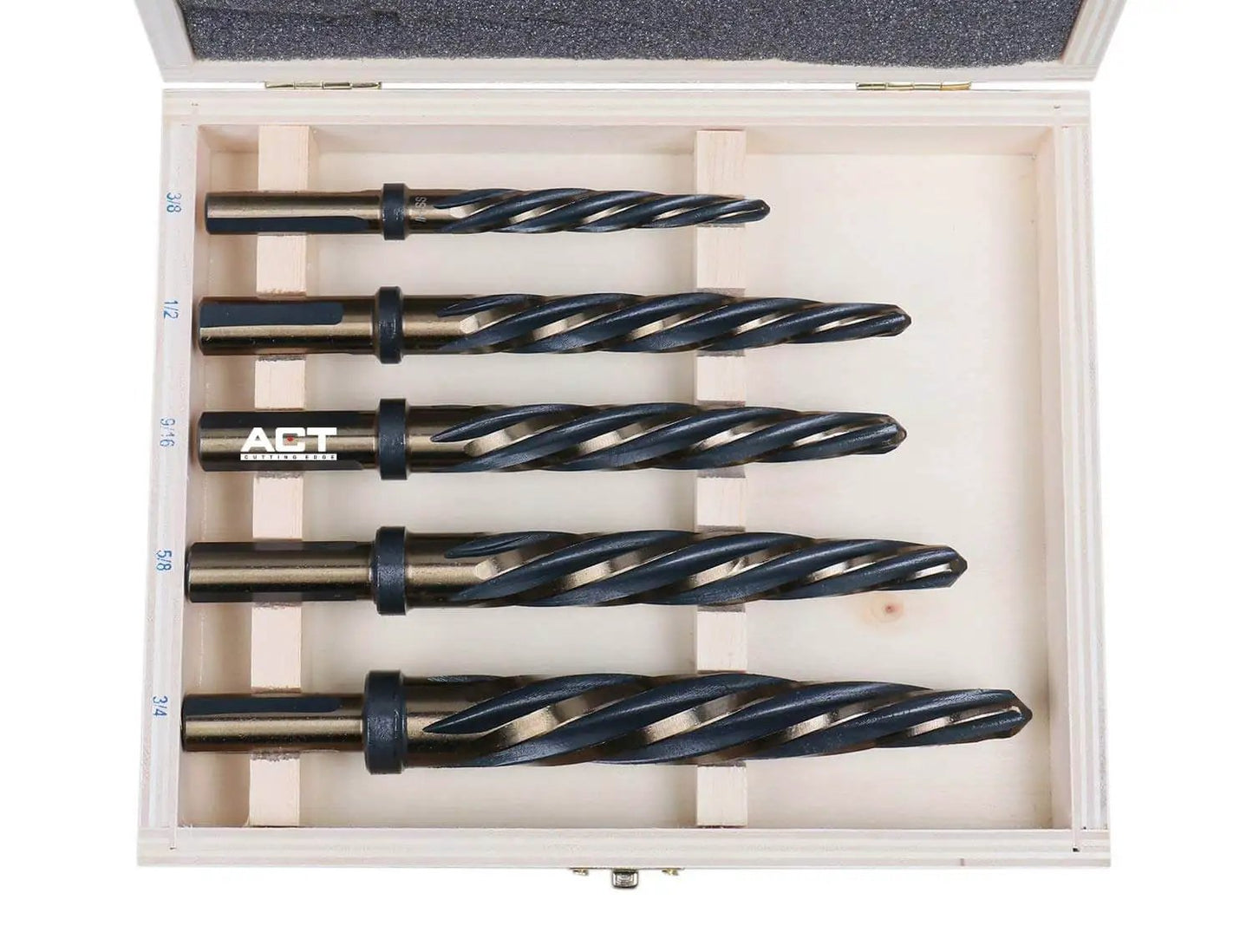 Pro Grade HSS Car Reamer Set With Spiral Flute, 5 Piece, Gold Oxide Finish, Straight Shank Reamers With Stop Collar For Precise Hole Sizing, Fits 3/8 Or 1/2 Inch Chucks, Sizes 3/8, 1/2, 9/16, 5/8, 3/4 Inch, Accusize Industrial Tools