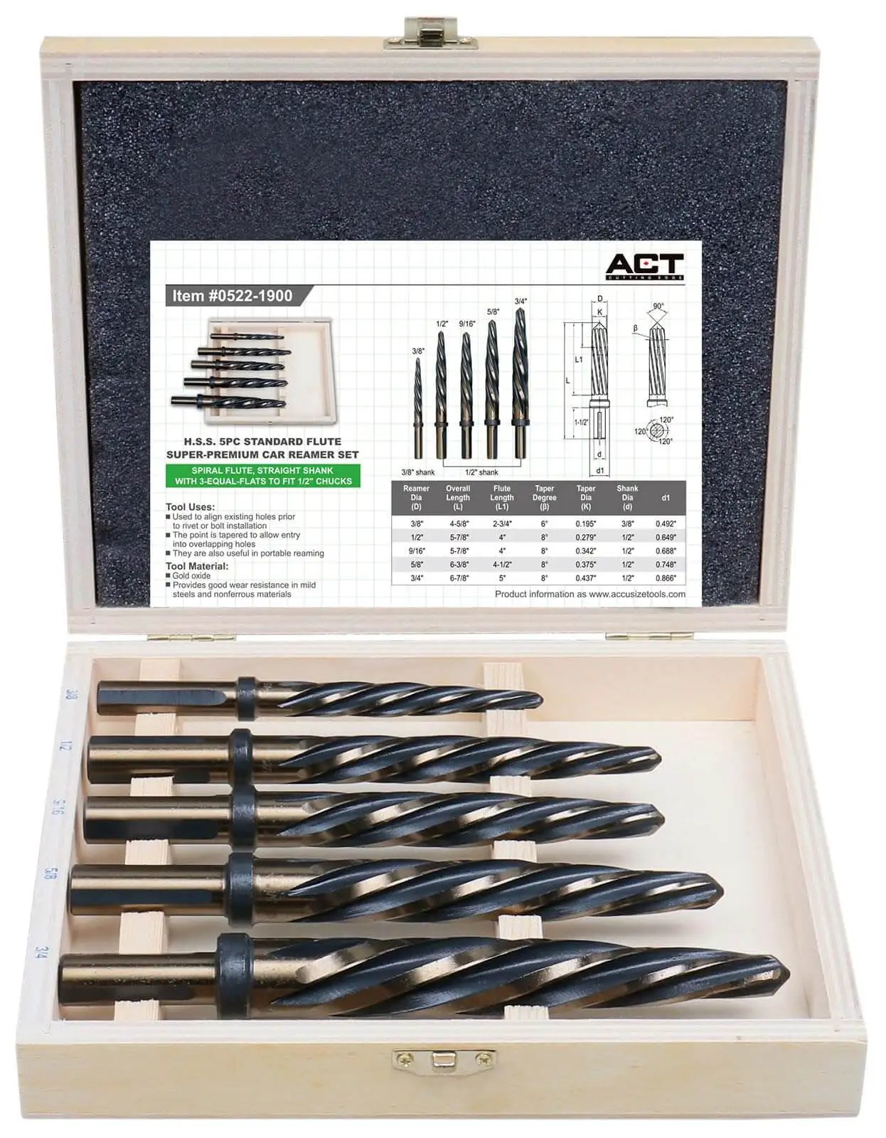 Pro Grade HSS Car Reamer Set With Spiral Flute, 5 Piece, Gold Oxide Finish in wooden case, straight shank with stop collar