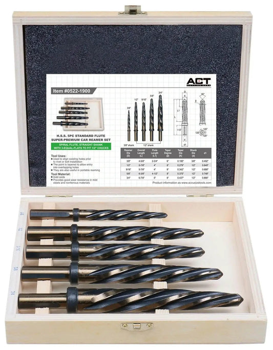 Pro Grade HSS Car Reamer Set With Spiral Flute, 5 Piece, Gold Oxide Finish in wooden case, straight shank with stop collar