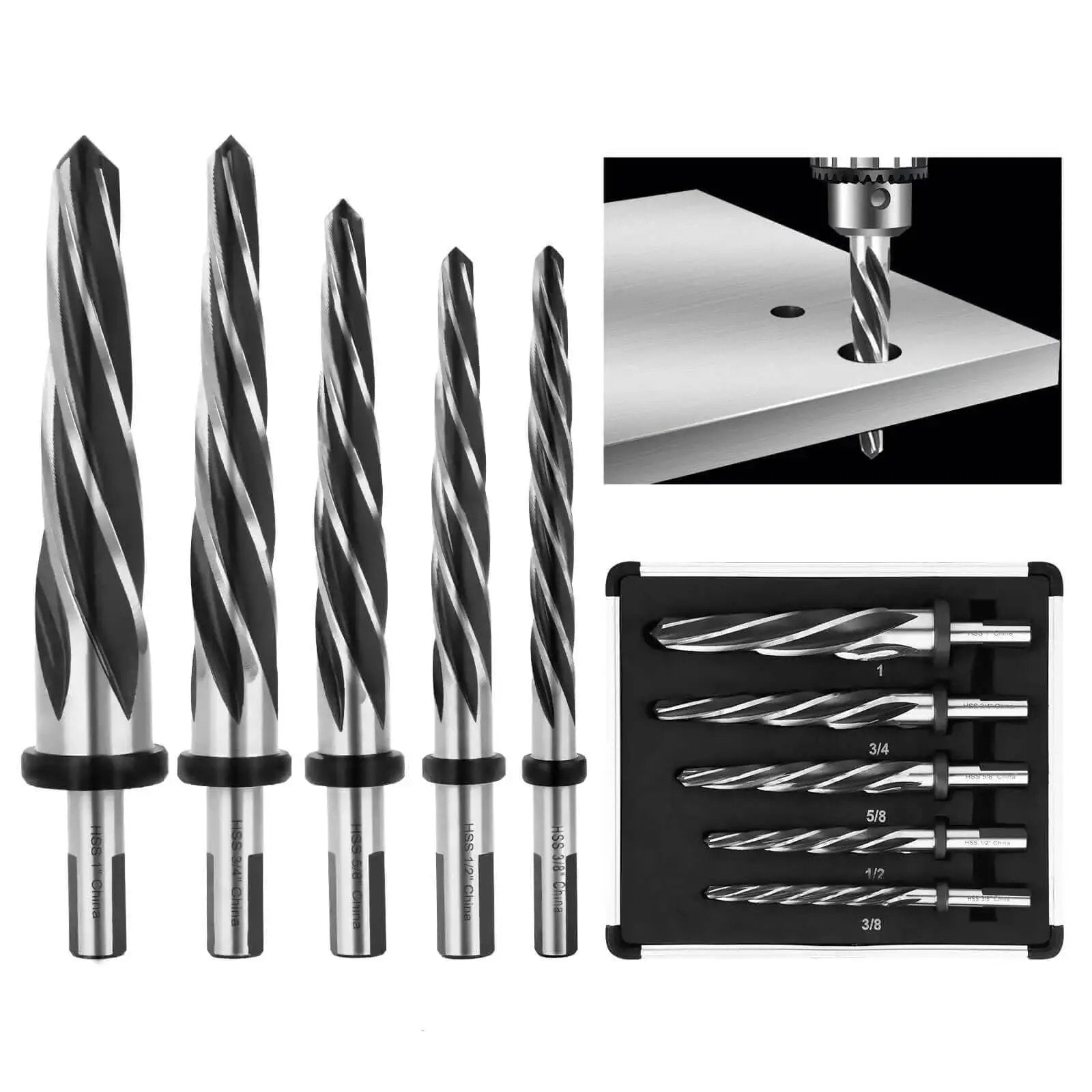 Five Piece Chucking Reamer Set In High Speed Steel For Metal Wood And Plastic With Spiral Flute Delivers Smooth Precise Hole Enlargement Without Chatter Or Burrs Ideal For Bridge Work And Diy Projects Enlarge Holes From Three Eighths To One Inch shown with reamers in case