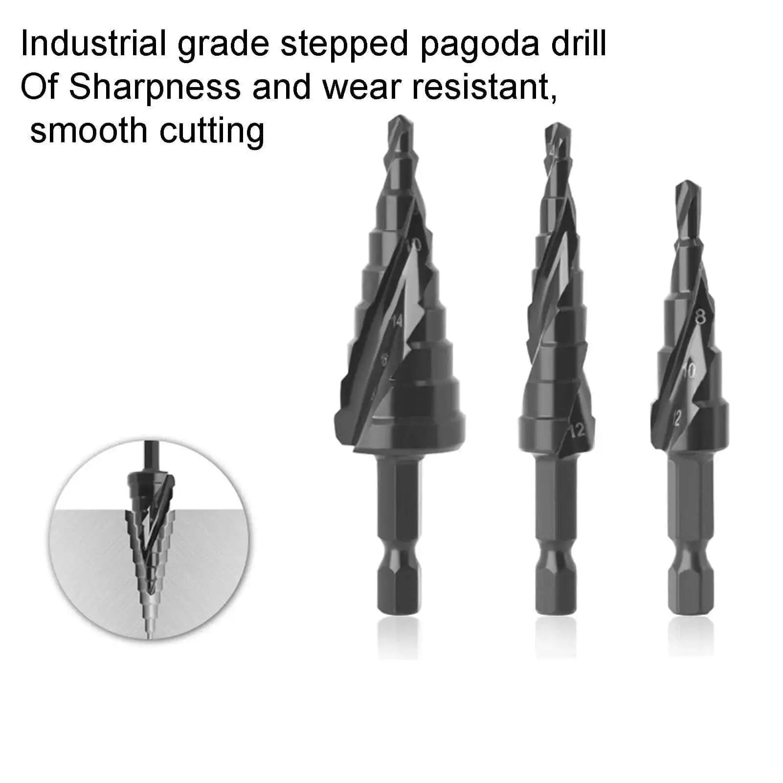 Heavy Duty HSS Step Drill Bit and Hole Reamer With Pagoda Style Spiral Groove for Metal, 10 Steps From 4 to 22mm, hex shank