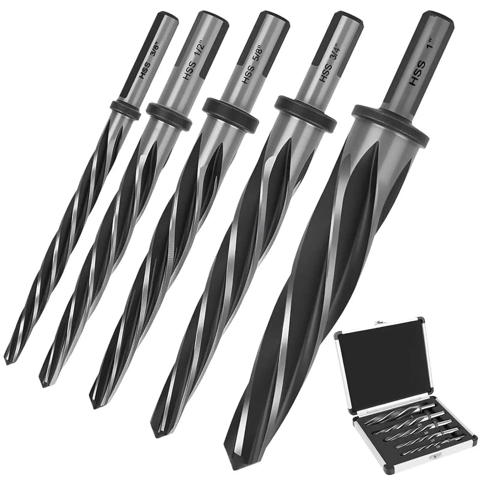 Five Piece M2 HSS Taper Chucking Reamer Set With 1, 3/4, 5/8, 1/2, And 3/8 Inch Sizes Fits 1/2 Inch 3-Flat Round Shank For Bridge And Construction Reamer Drill Bits Built For Steel Metal Wood And Alloys