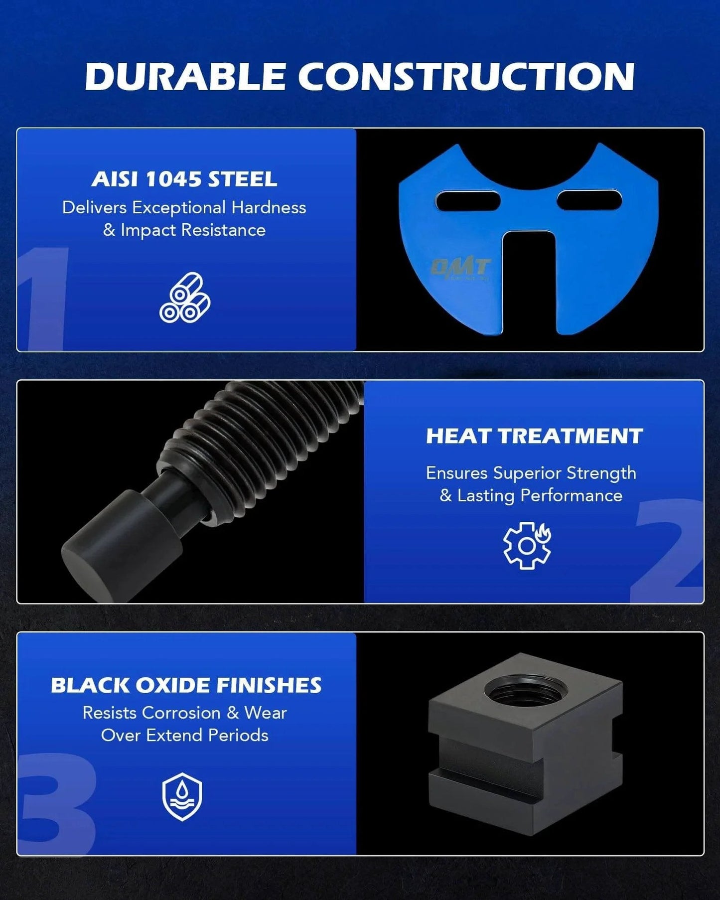 Diagram highlighting durable construction of Wheel Hub Removal Tool Kit, showcasing steel components and finishes.