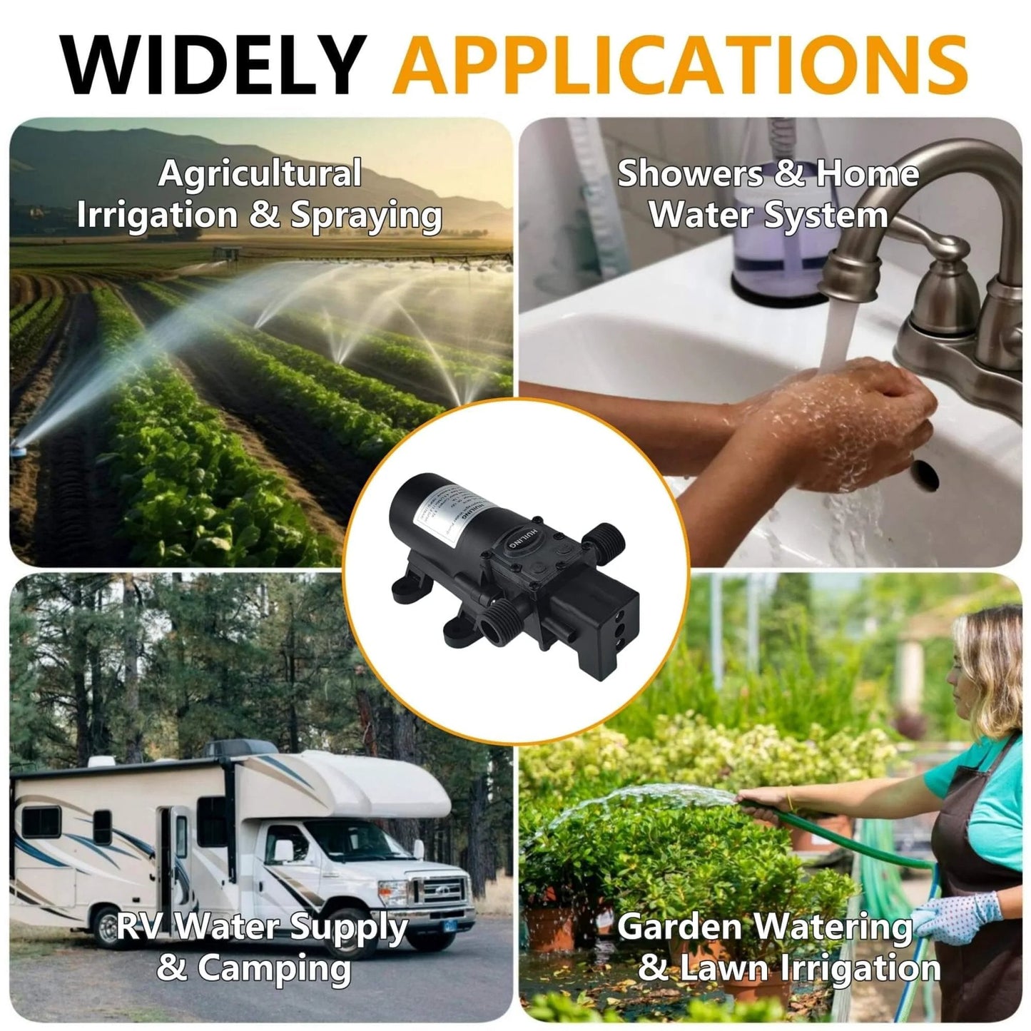 HUILING DC 12V Diaphragm Pump applications in agriculture, showers, RVs, and gardens shown in multi-image collage with pump at center