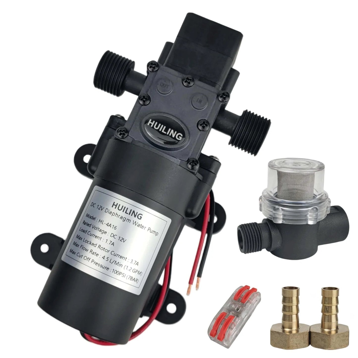 HUILING DC 12V Diaphragm Pump with filter and fittings, self-priming, quick connection, suitable for RV camping shower garden