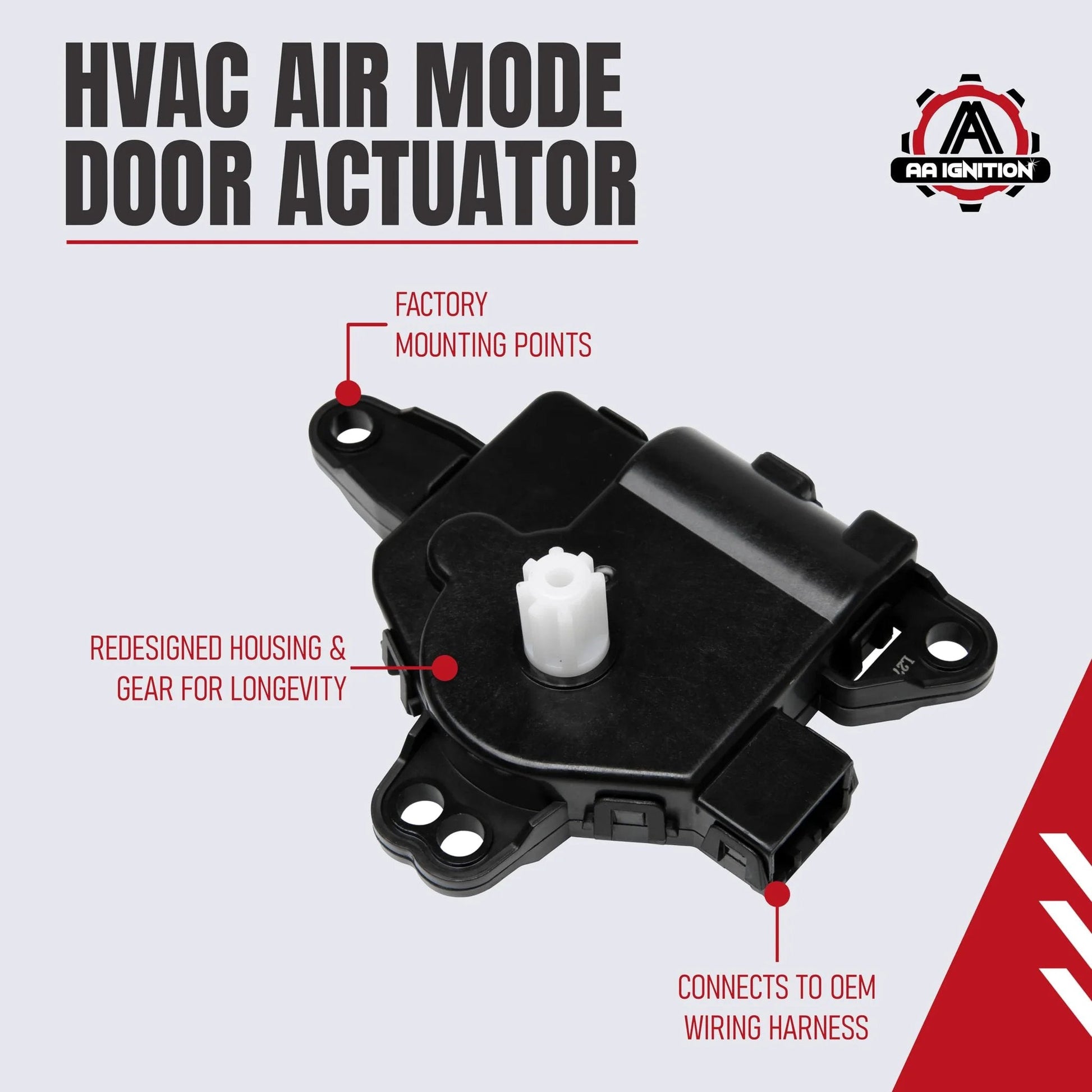 HVAC Mode Vent Control Only Actuator Left Main for Hyundai and Kia vehicles, showing top view with factory points and harness connection.