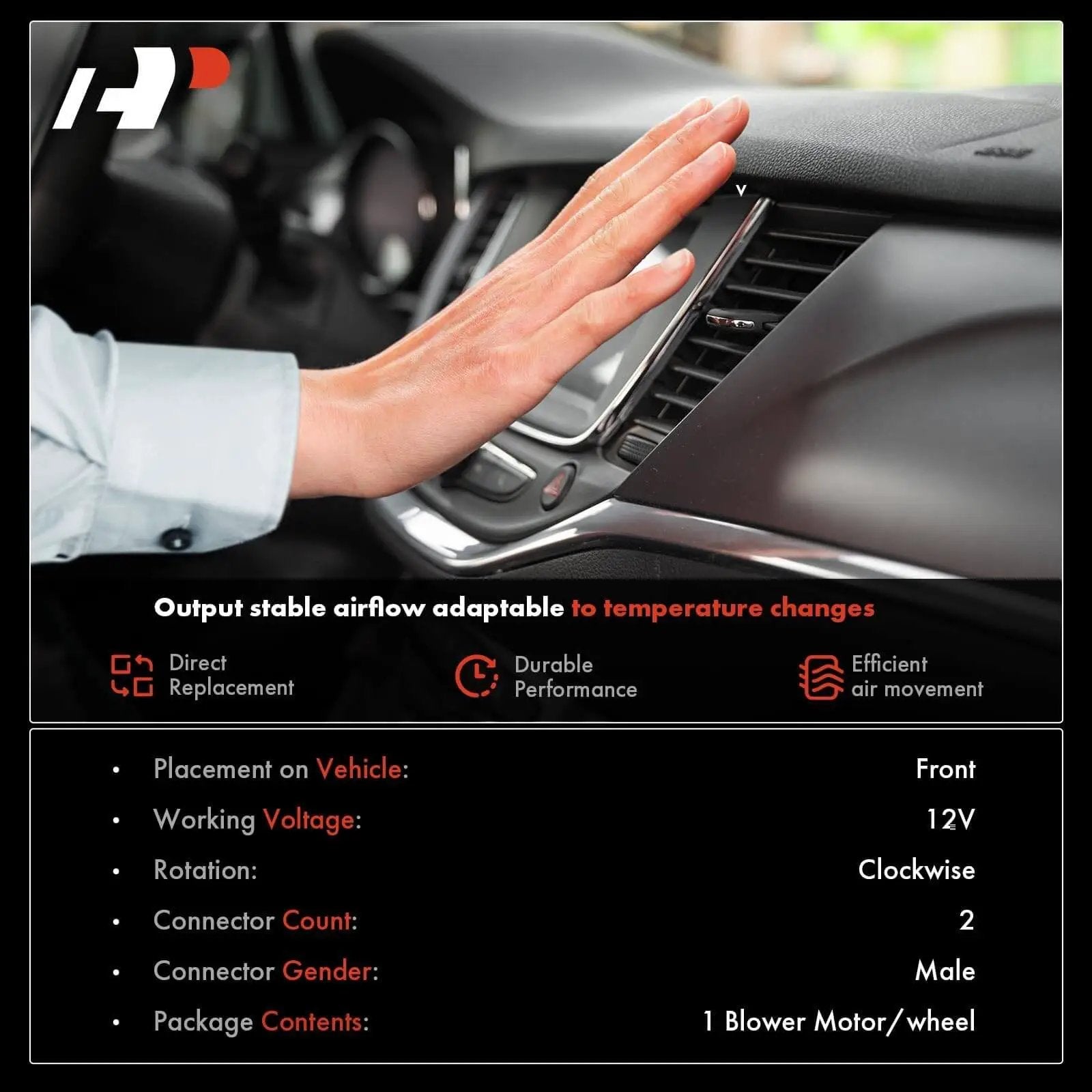 Hand adjusting car air vent with details on HVAC Heater Blower Motor With Fan Cage For Ford And Lincoln Vehicles Fits F-150 2009-2014, Expedition 2009-2017, Navigator 2009-2017 Plug And Play Direct Fit Replacement A-Premium.