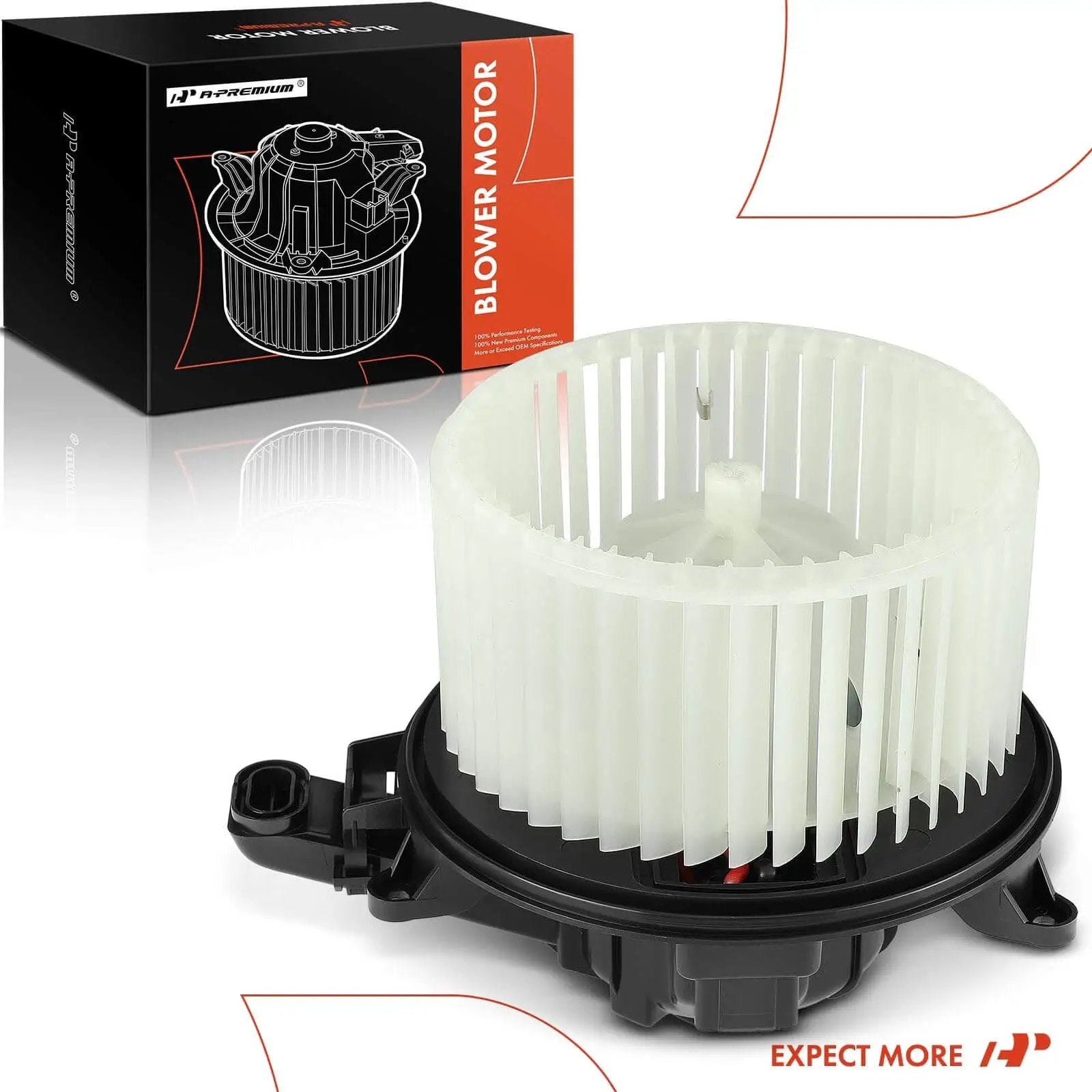 HVAC Heater Blower Motor With Fan Cage For Ford And Lincoln Vehicles, boxed and unboxed view, plug and play design