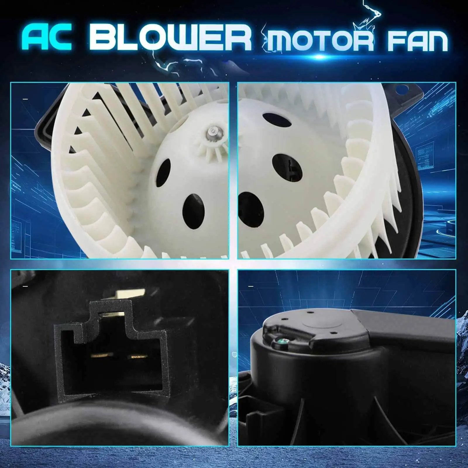 Front HVAC Blower Motor With Fan For 2011 To 2021 Dodge Durango Jeep Grand Cherokee 2008 To 2020 Grand Caravan 2008 To 2016 Town And Country 700216 Direct Fit Plug And Play Replacement showing multiple angles and wiring connector