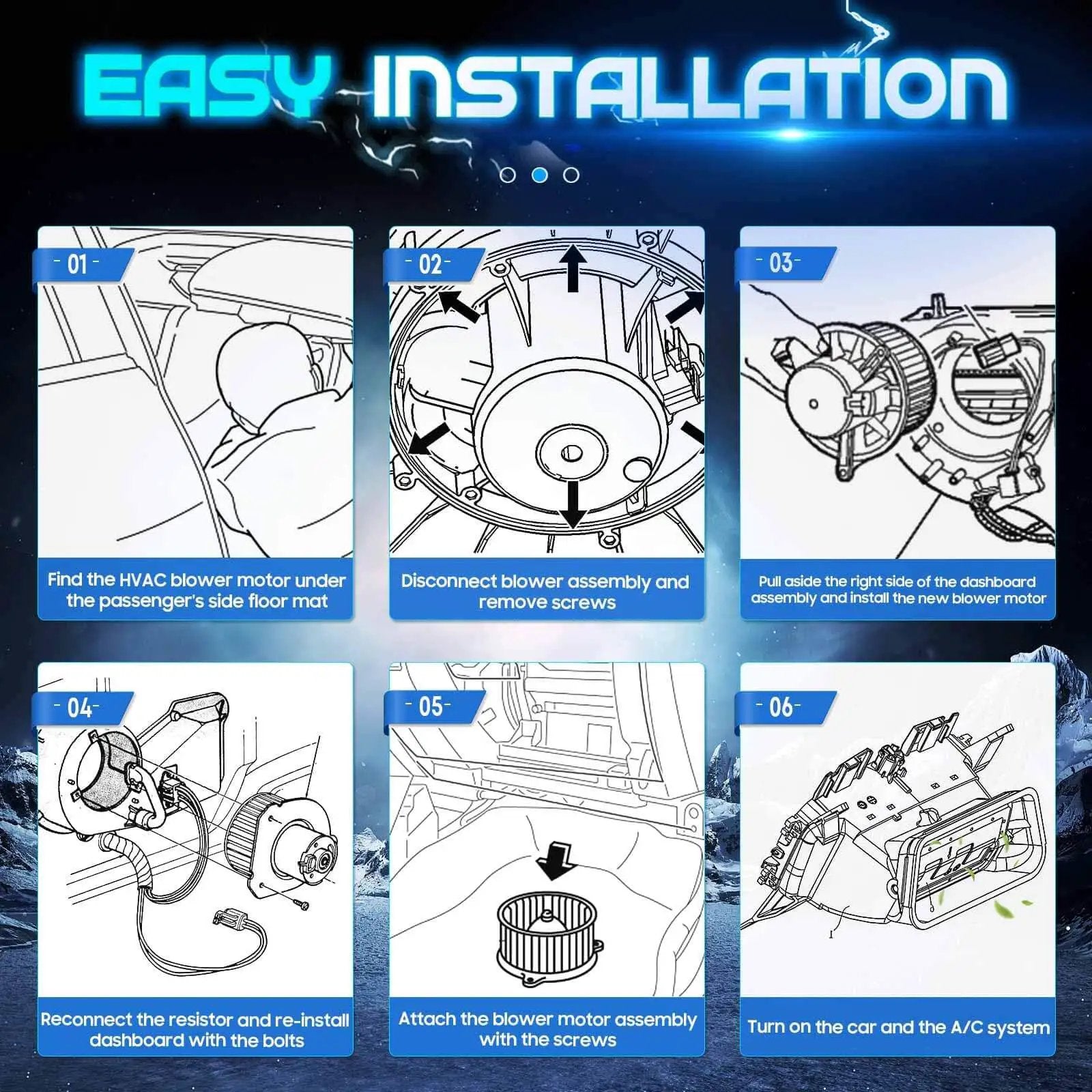 Illustration of Easy Installation Steps for Front HVAC Blower Motor With Fan For 2011 To 2021 Dodge Durango Jeep Grand Cherokee
