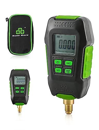 Digital Micron Vacuum Gauge For HVAC With Alarm, Temperature Compensation, And LCD Display, Four Unit Readings Pa, mBar, MmHg, Microns,Quarter Inch SAE Connection, High Accuracy Pirani Sensor For Fast Pro Grade Vacuum Readouts, close-up view.
