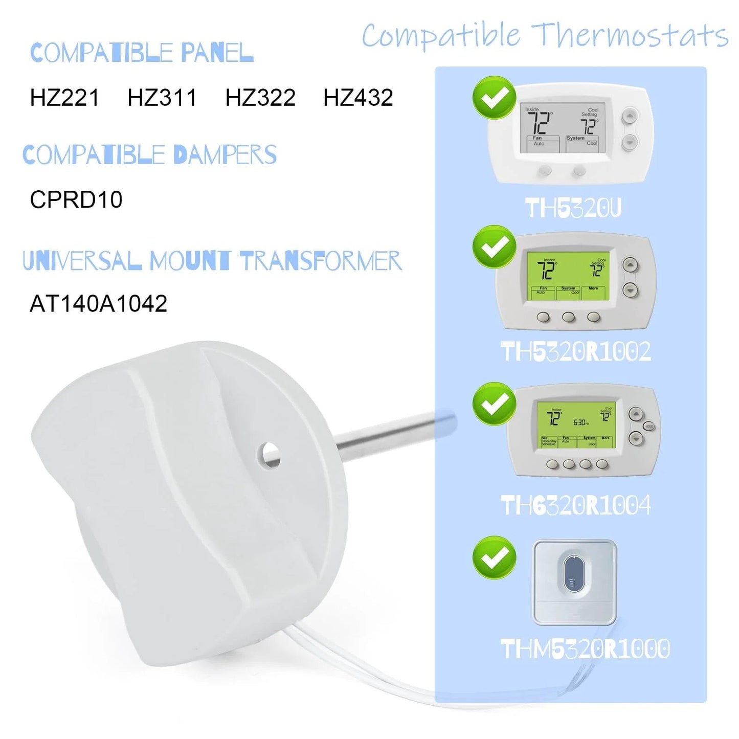 Discharge Air Temperature Sensor Replacement For Your HVAC Setup C7735A1000 side view with wiring and compatible panels and thermostats.