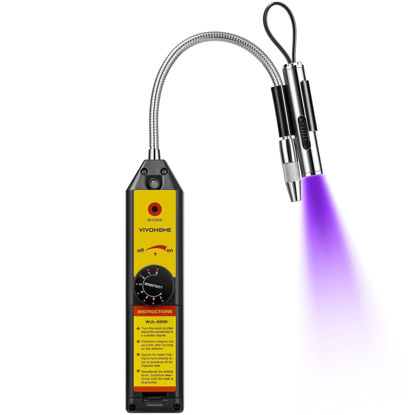 Freon Leak Detector For HVAC Systems With LED Light And 7 Adjustable Sensitivity Levels Detects R134a R410a R1234yf CFCs HCFCs HFCs HFOs Sniffer Tool For Auto AC And Home HVAC Leaks Easy To Use With High Accuracy VIVOHOME front view with flexible neck and LED light.