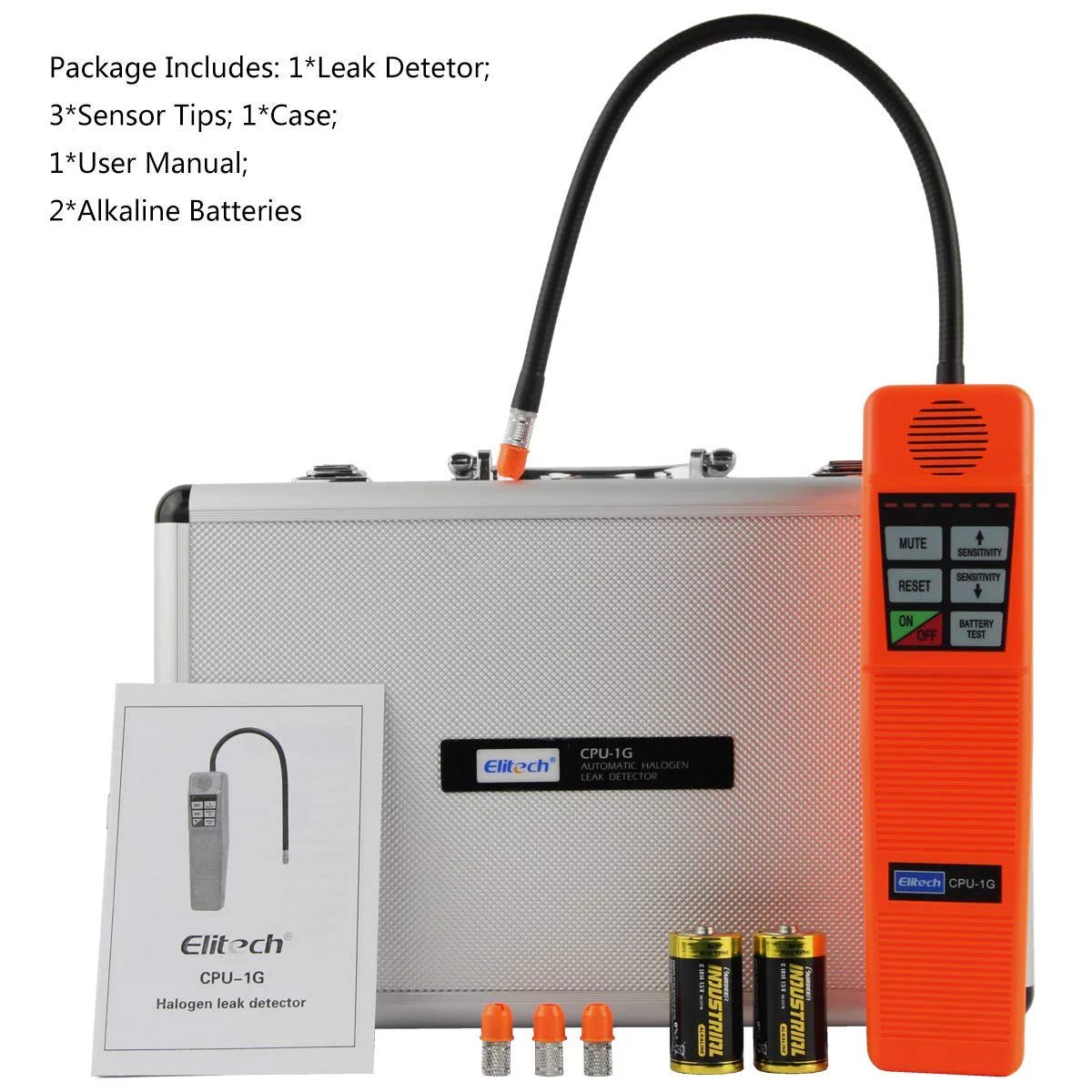 HVAC Leak Detector CPU-1G Halogen Gas Sniffer For R22 R134A R410A And All Halogen Refrigerants With 3 Second Response And 6 Second Warm Up 7 Sensitivity Levels Low Energy CPU Upgrade Stable Triggers Fast Diagnostics For Pros displayed with user manual, batteries, sensor tips, and carrying case.