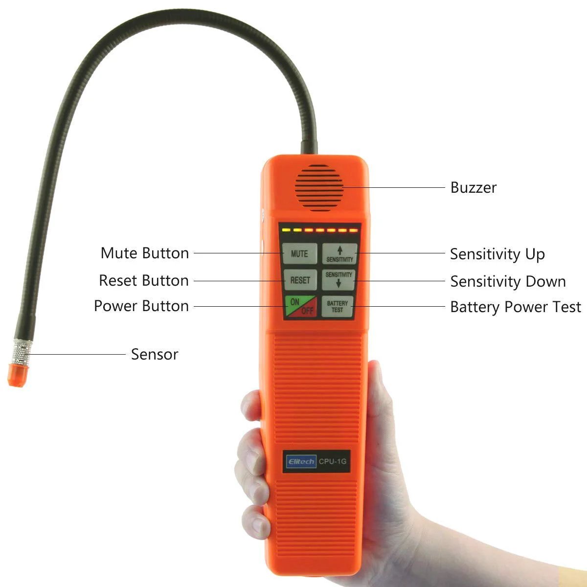 HVAC Leak Detector CPU-1G Halogen Gas Sniffer For R22 R134A R410A And All Halogen Refrigerants With 3 Second Response And 6 Second Warm Up 7 Sensitivity Levels Low Energy CPU Upgrade Stable Triggers Fast Diagnostics For Pros, held in hand showing controls and sensor.