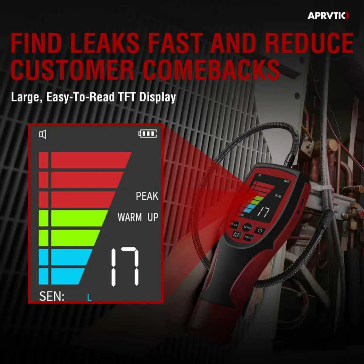 Reliable HVAC Refrigerant Leak Detector With Two Point Six Inch Color Display showing sensitivity levels and color indicators.