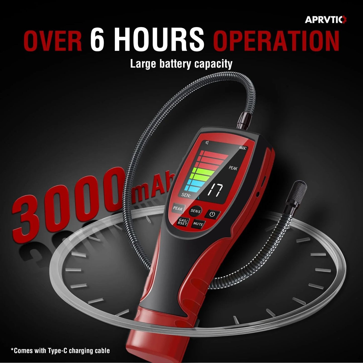 Reliable HVAC Refrigerant Leak Detector With Two Point Six Inch Color Display featuring large battery capacity and probe.