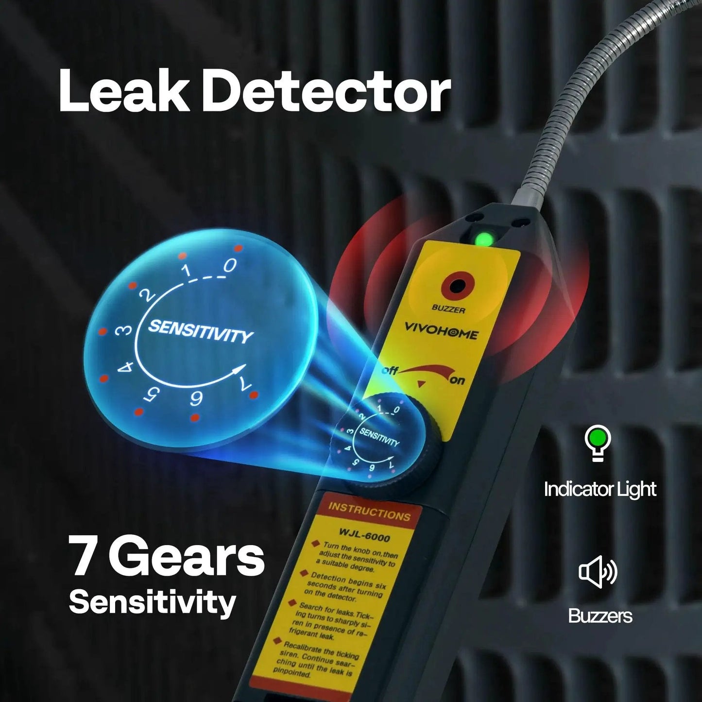 Leak detector from Upgraded 4CFM One Third HP HVAC Vacuum Pump Kit by VIVOHOME with sensitivity settings and indicator light.