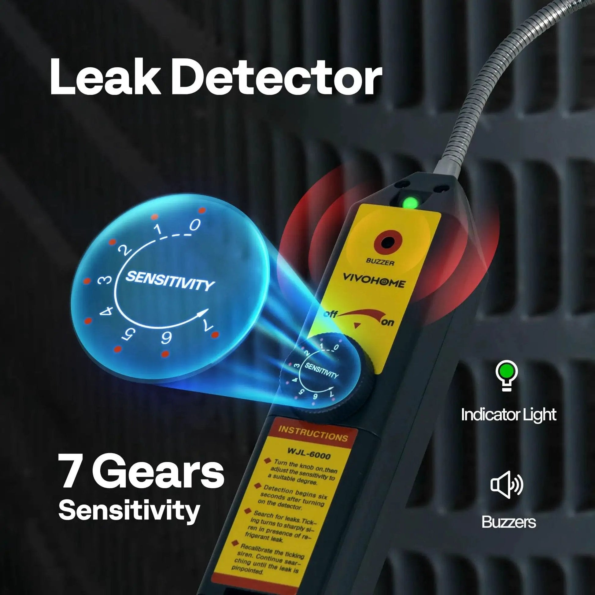 Leak detector from Upgraded 4CFM One Third HP HVAC Vacuum Pump Kit by VIVOHOME with sensitivity settings and indicator light.