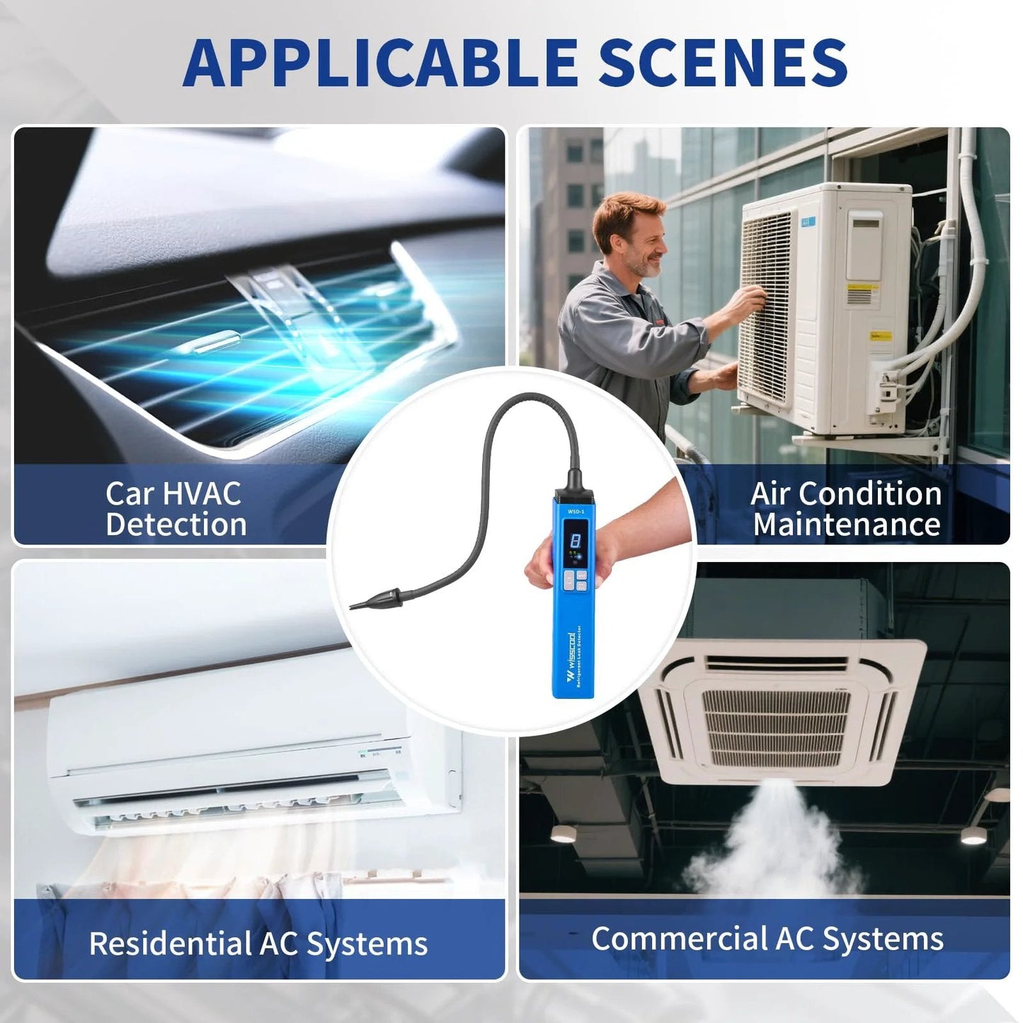 HVAC Leak Detector For Halogen Gas Leaks With Alarm Freon Detector For R22 R410A R134A R1234YF With 3 Sensitivity Modes And Numerical LCD Display Compact Pro Grade Handheld Tool For On Site AC Maintenance Quick Audible And Visual Alarm in various AC maintenance settings.