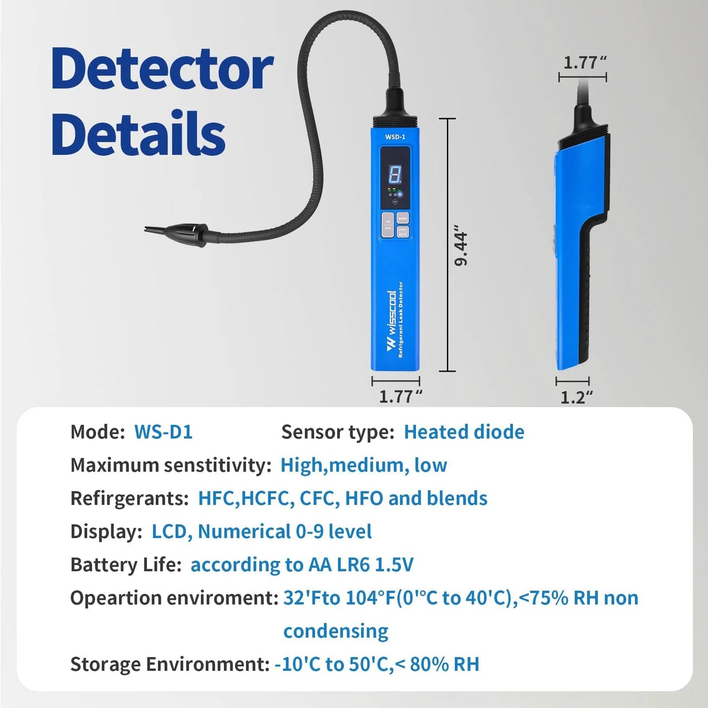HVAC Leak Detector For Halogen Gas Leaks With Alarm Freon Detector For R22 R410A R134A R1234YF With 3 Sensitivity Modes and Numerical LCD Display showing detailed specifications.