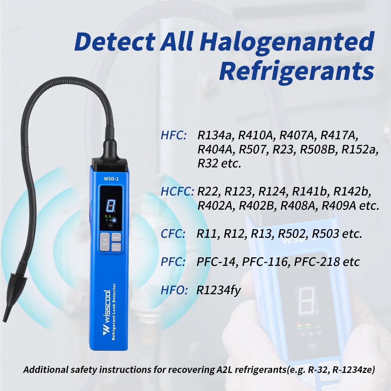 HVAC Leak Detector For Halogen Gas Leaks With Alarm Freon Detector For R22 R410A R134A R1234YF With 3 Sensitivity Modes And Numerical LCD Display, front view.