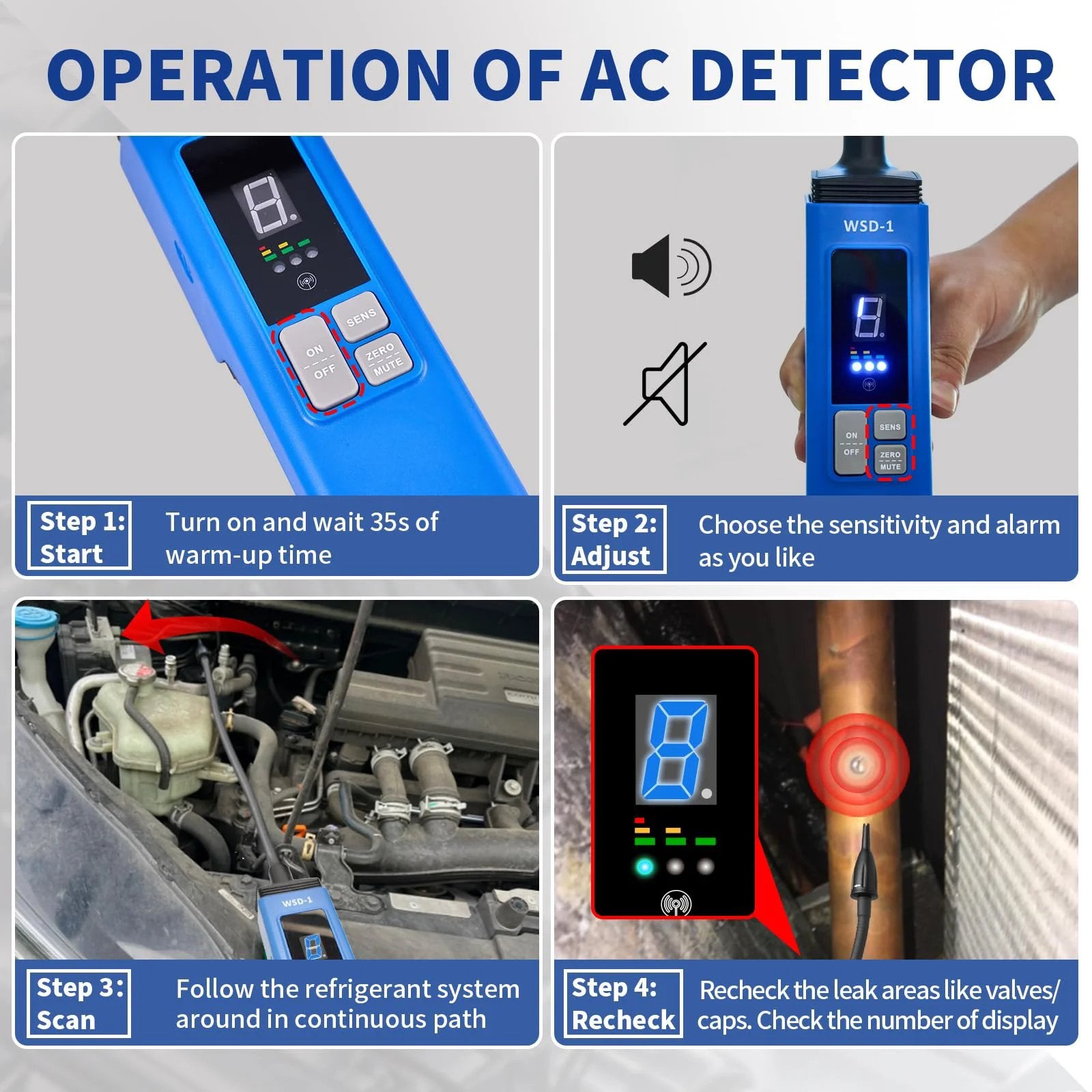 Operation steps for HVAC Leak Detector For Halogen Gas Leaks With Alarm Freon Detector with LCD display and buttons.