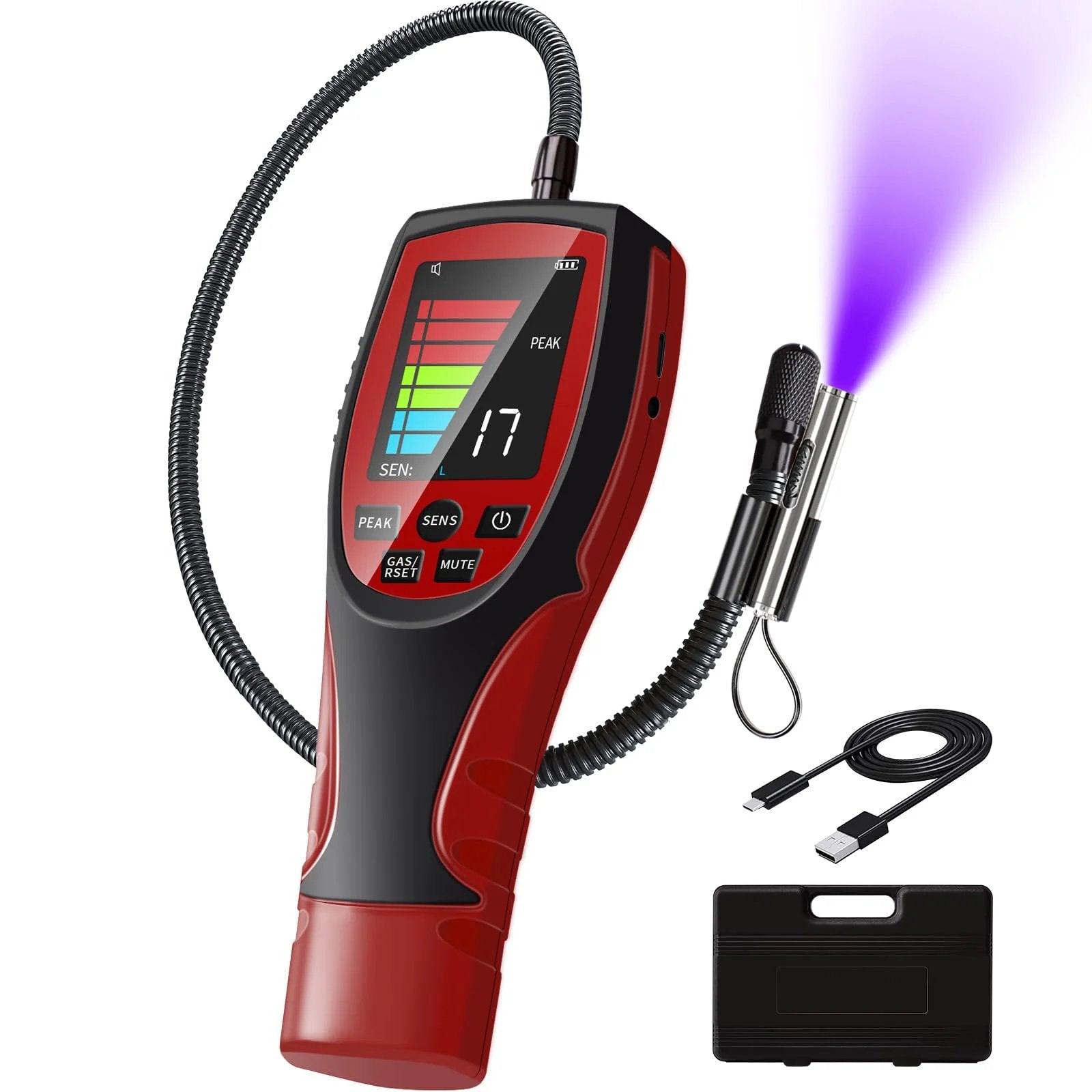 Reliable HVAC Refrigerant Leak Detector With Two Point Six Inch Color Display, red handheld device with probe and accessories.