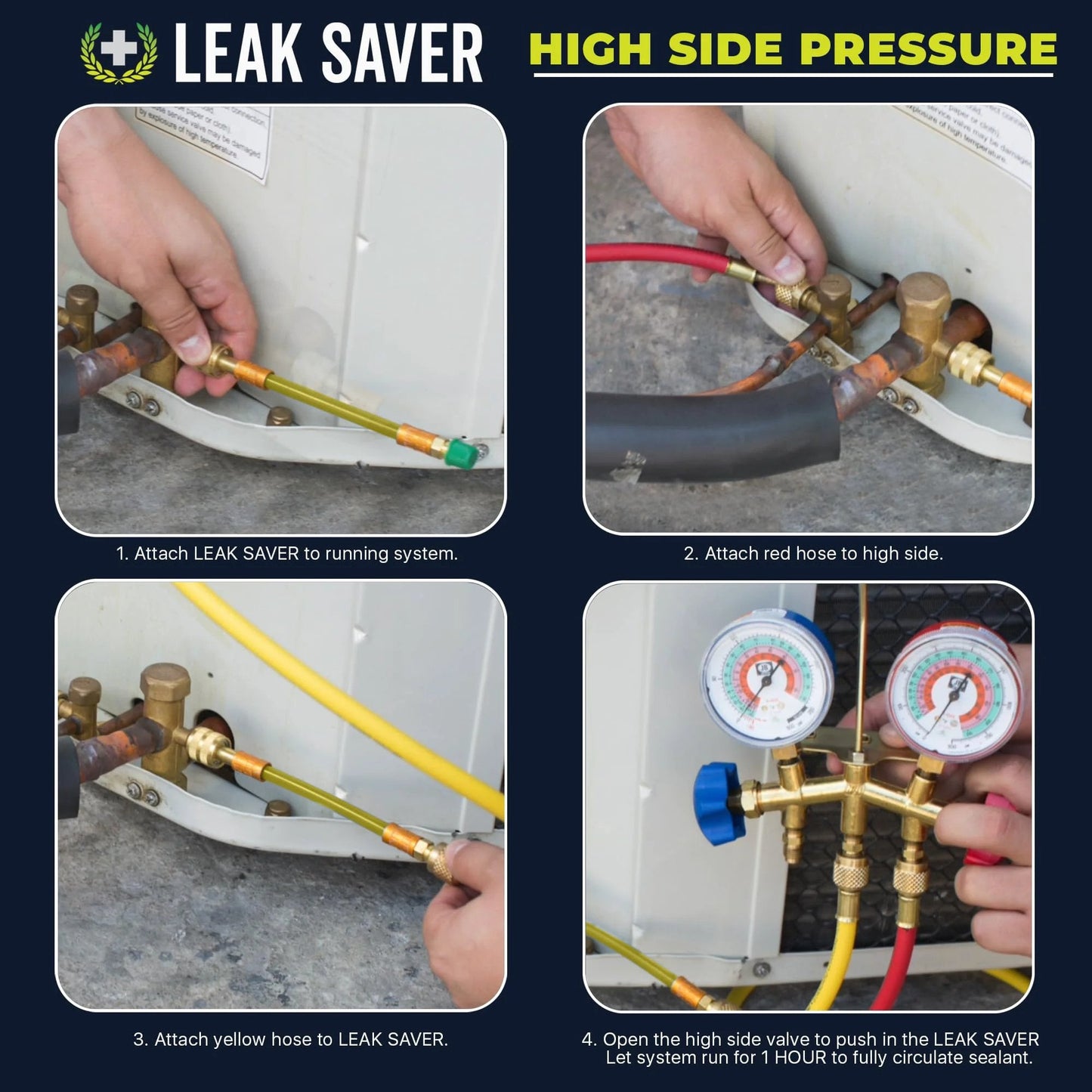 Leak Saver Direct Inject AC Leak Sealer For Most HVAC Systems Up To 5 Tons, shown in installation steps with hoses and gauges.