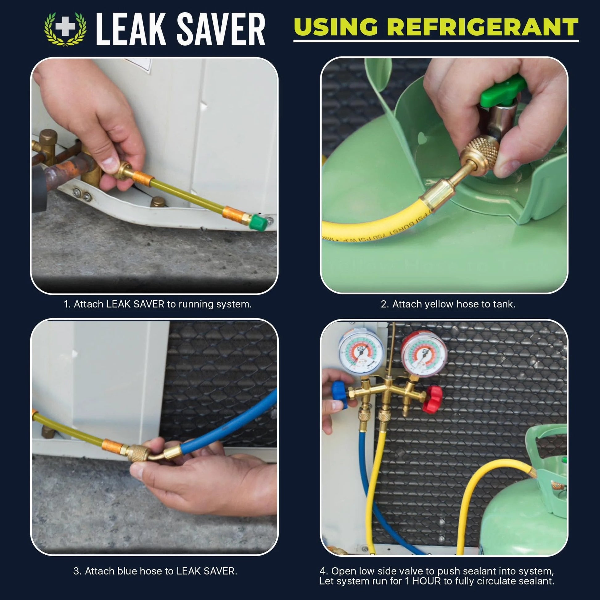 Leak Saver Direct Inject AC Leak Sealer For Most HVAC Systems Up To 5 Tons being connected to refrigerant lines in four steps.