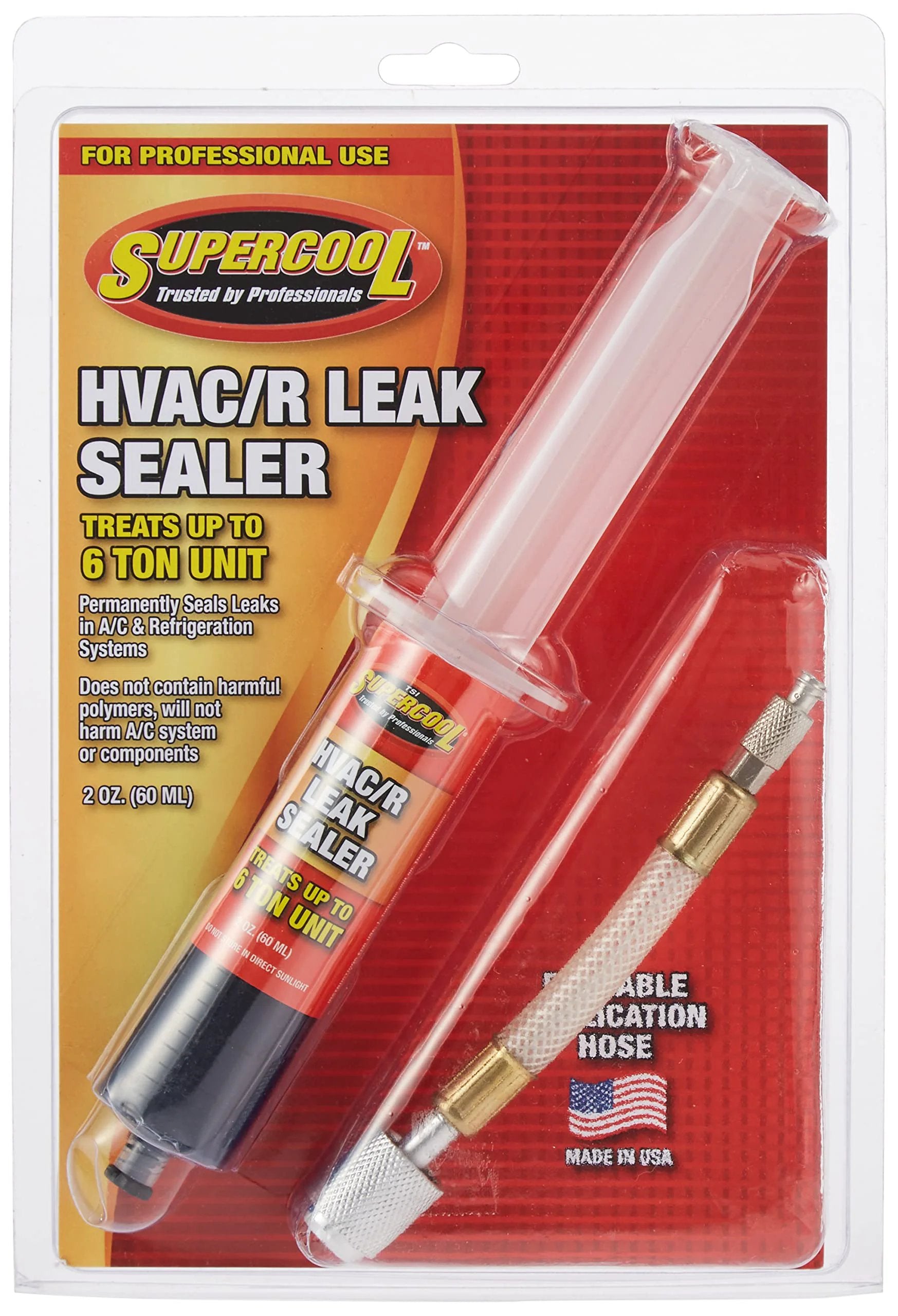 HVAC DIY Friendly Leak Stop Syringe With Application Hose 2 Ounce Treats Up To Six Ton AC And Refrigeration Systems Not For Automotive Use, packaged with syringe and hose.