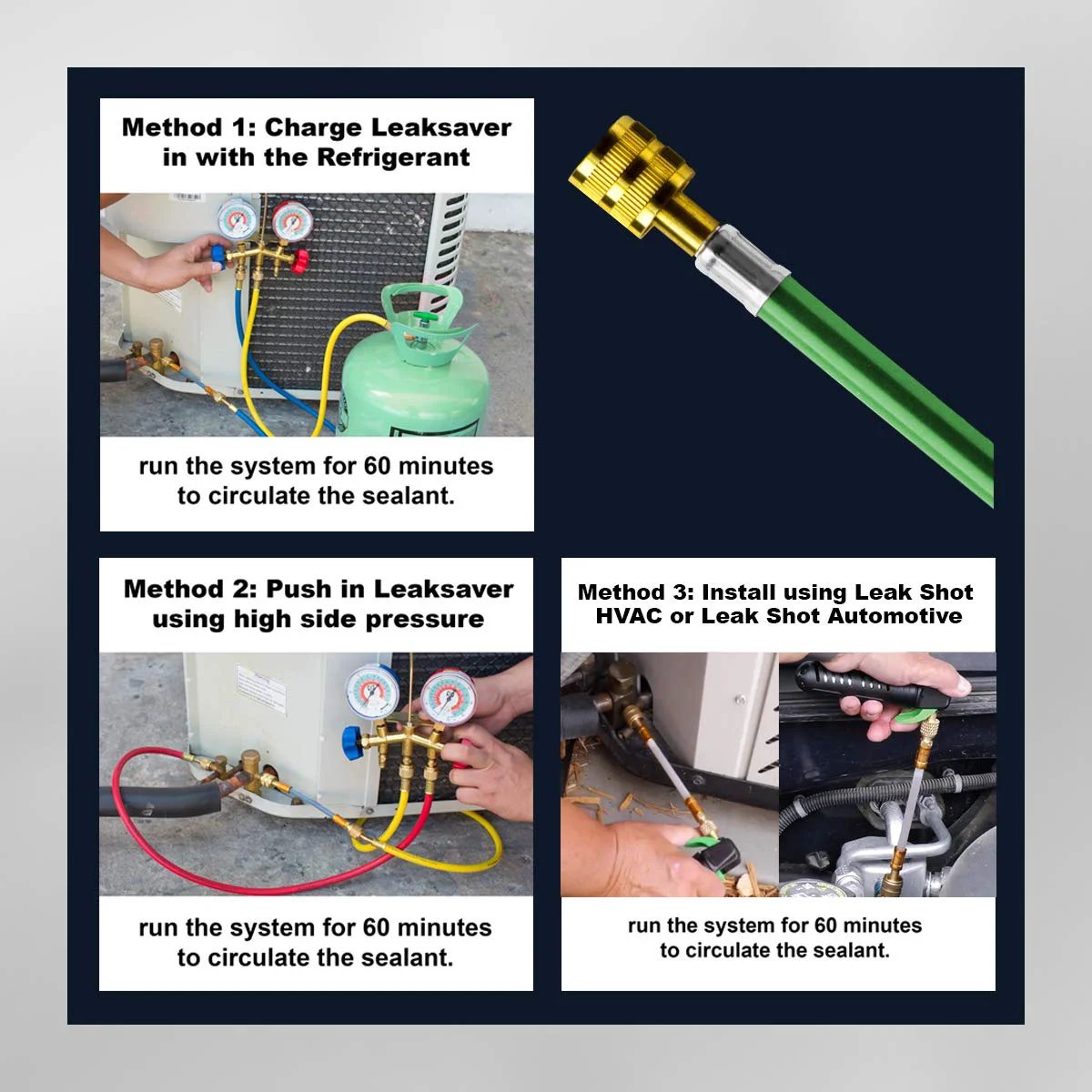 Instructions for using the Direct Inject Ultimate 3-In-1 AC Leak Sealer with Moisture Remover and UV Dye for HVAC systems.