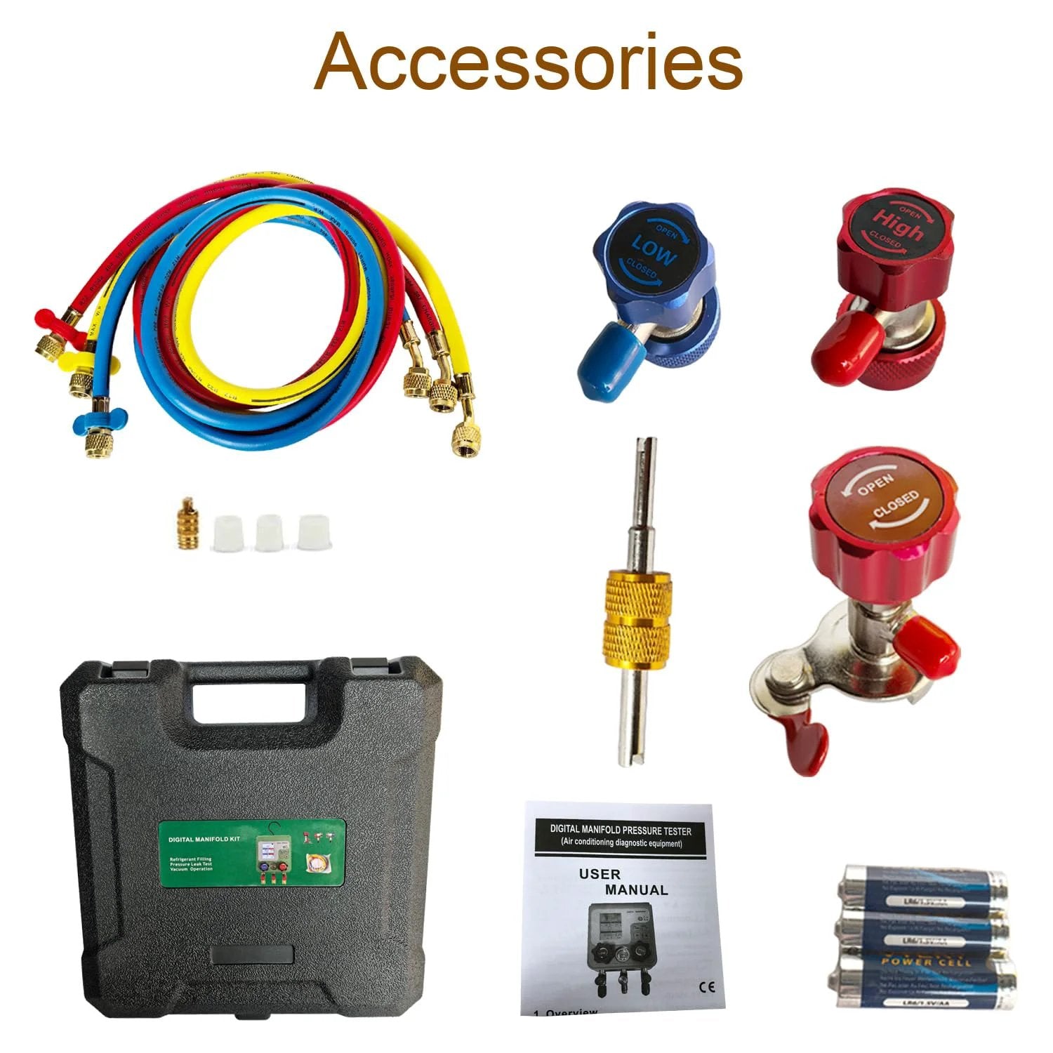Accessories for Pro Grade Digital HVAC Manifold Gauge Set, including hoses, valves, carrying case, user manual, and adapters.