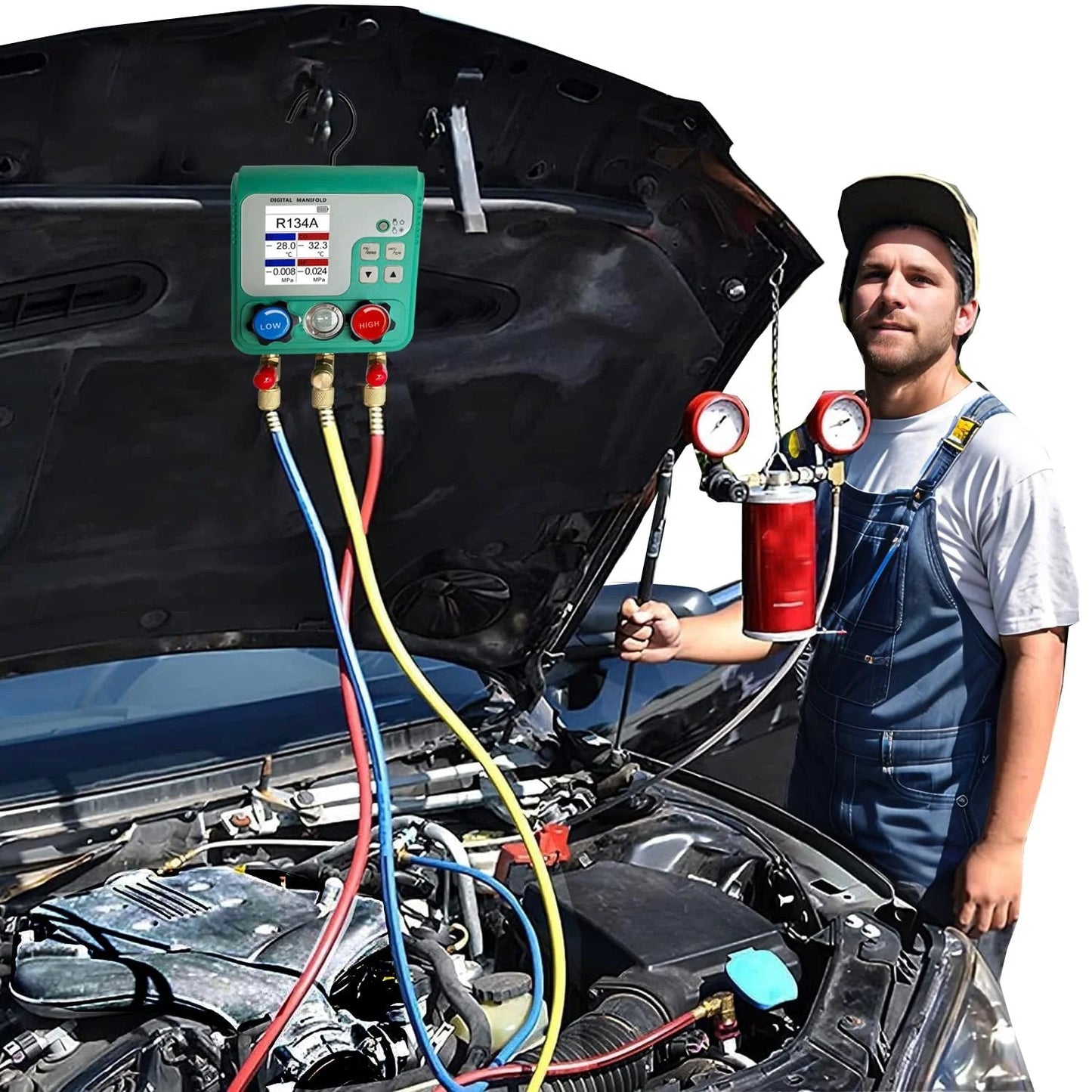 Pro Grade Digital HVAC Manifold Gauge Set With 2 Point 4 Inch HD Color Display For R134A R410A 1234YF Refrigerants in use on car engine.