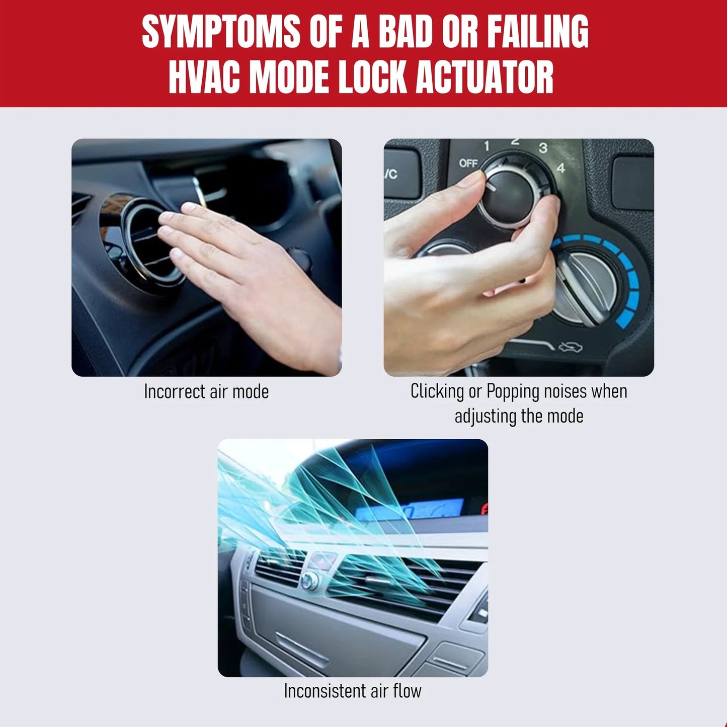 Image showing symptoms of a bad HVAC Mode Lock Actuator, including incorrect air mode and inconsistent airflow.