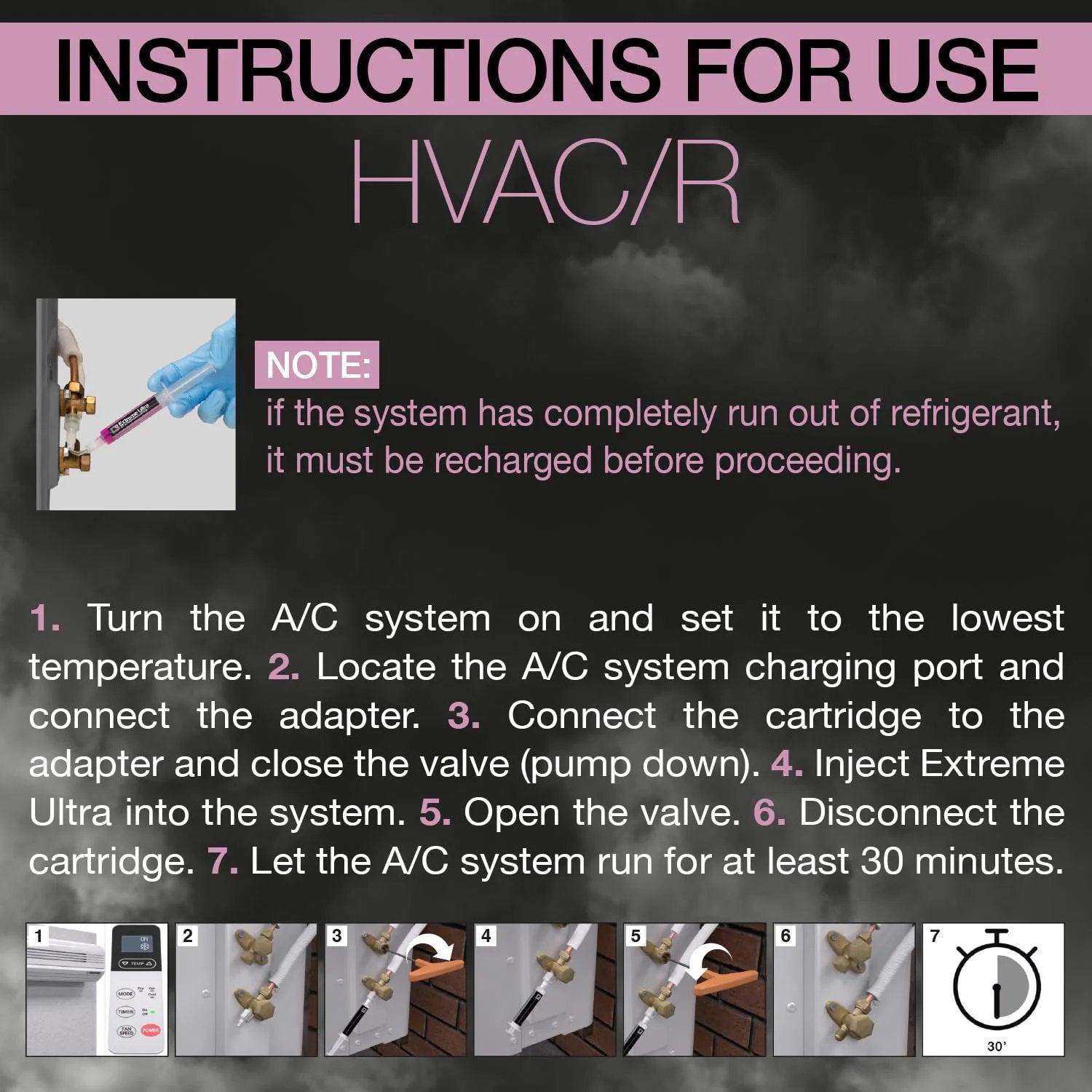 Instructions for use for AC Leak Stop for HVAC and refrigeration systems; steps for sealing refrigerant leaks.