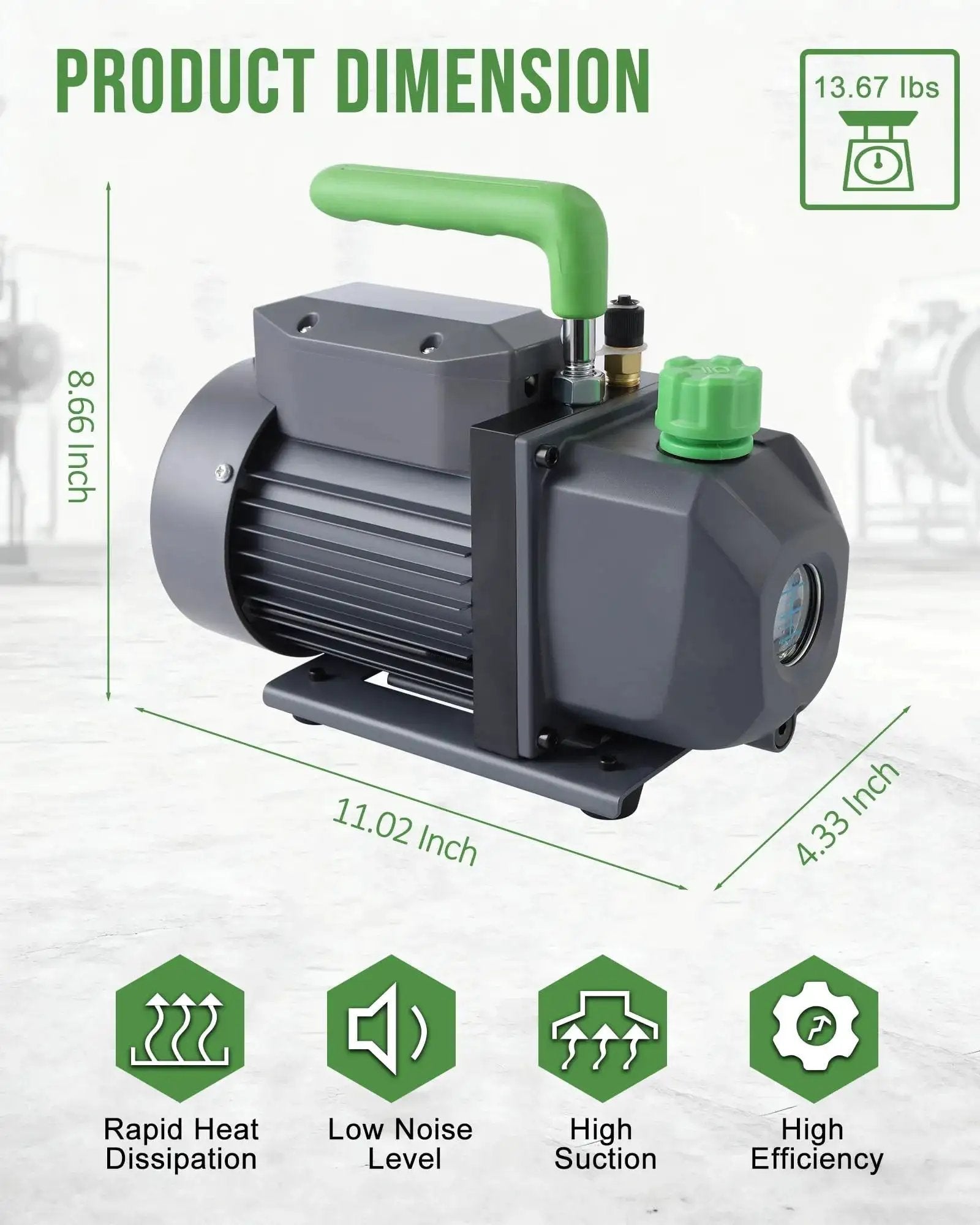 Heavy Duty Four Point Five CFM HVAC Vacuum Pump With One Third Horsepower Motor Self Cooling Cool Gray By Lichamp dimensions