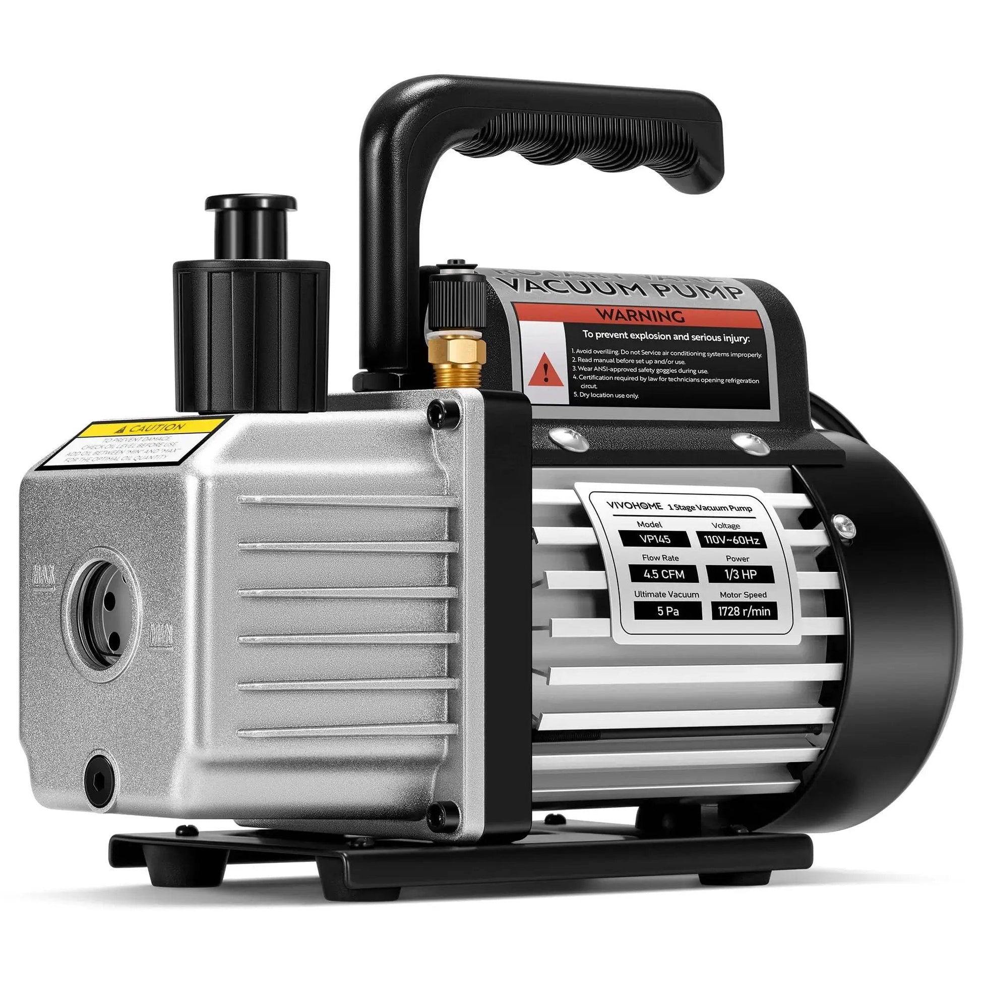 Pro Grade 4.5 CFM HVAC Vacuum Pump For R134a R12 R22 R410a Systems, 1/3 HP 110V Single Stage With Oil Bottle, front view